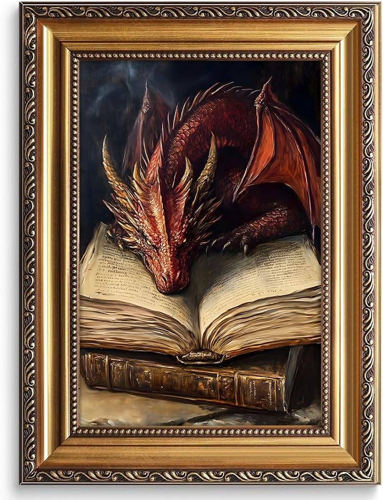 Vintage Ornate Antique Gold Frame Wall Art Fantasy Dragon Book Art Print Mythical Dragon Reading Wall Art for Bookshelf Library Decor Dark Academia Gothic Wall Decor for Boy's Bedroom Study 12"x16"