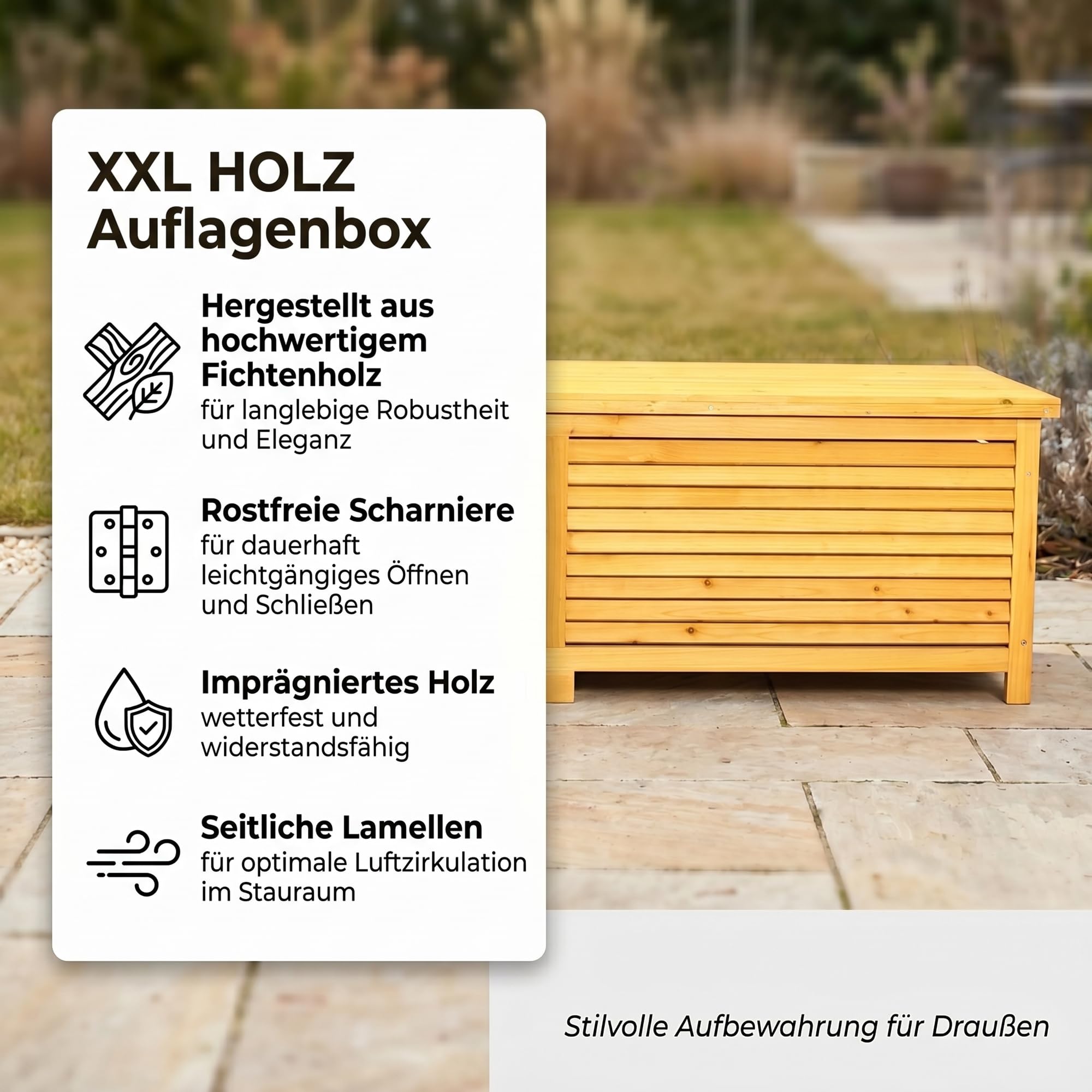 Mucola Auflagenbox Kissenbox Gartentruhe mit Deckel 140x46x52 cm Holz Braun | wetterfest und robust, Platz für Gartenpolster und Gartengeräte, aus Massivholz, individuell gestaltbar und streichbar