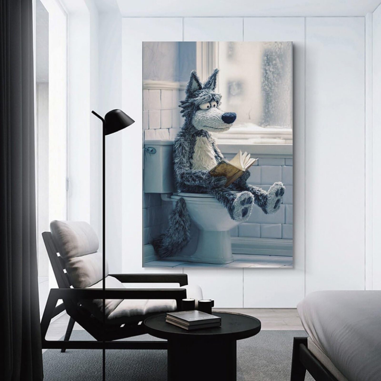 Junmoney Wolf Reading on A Toilet Home Decor Wall Art, 20x30inch(50x75cm), for Calm Bedrooms, Home Corners Or Flats, Canvas Wall Decor for Personal Spaces
