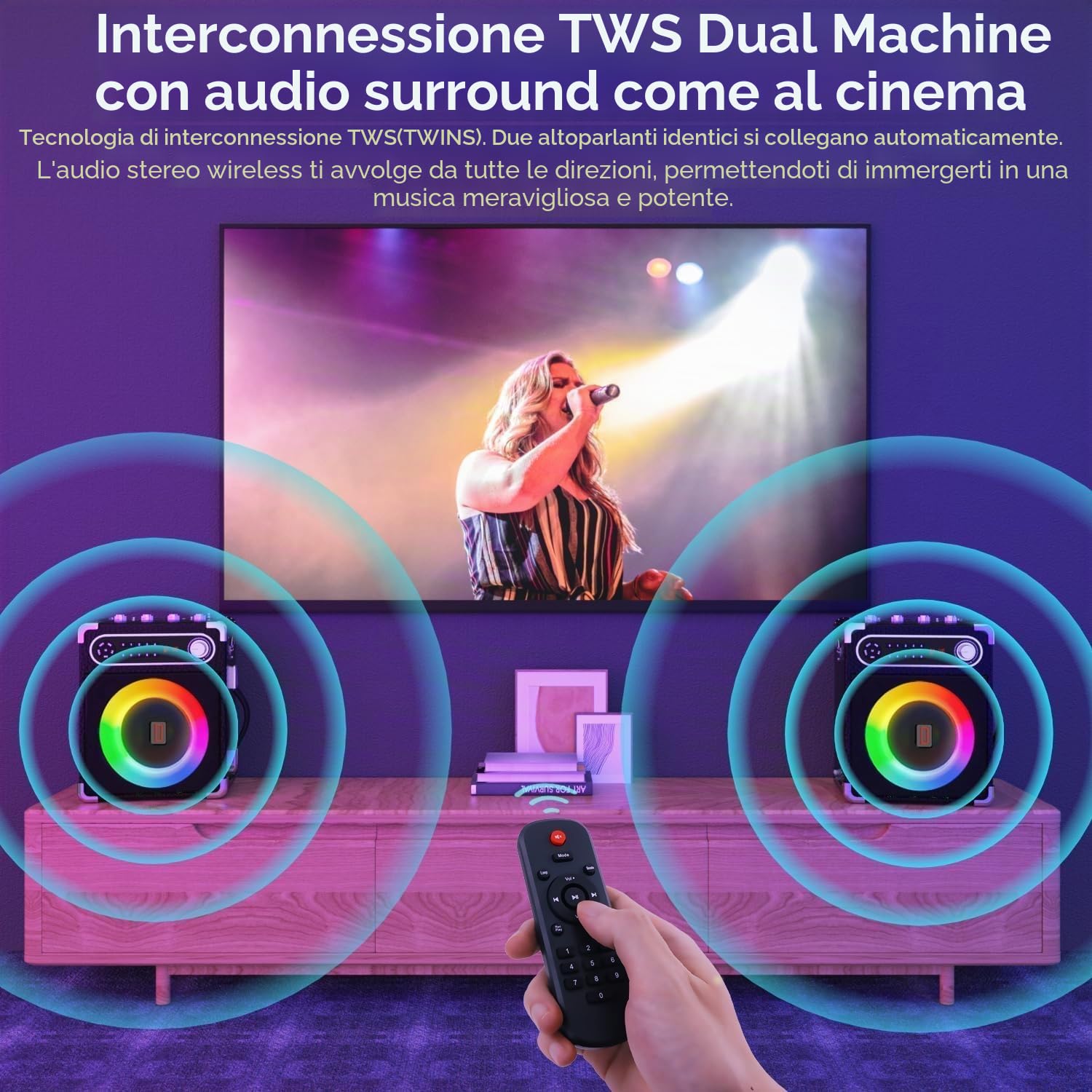 Macchina per karaoke con 2 microfoni wireless, altoparlante portatile Bluetooth 5.3 con luci LED, regolazione bassi/acuti, sistema PA con telecomando, supporta FM/AUX/USB/TF per feste