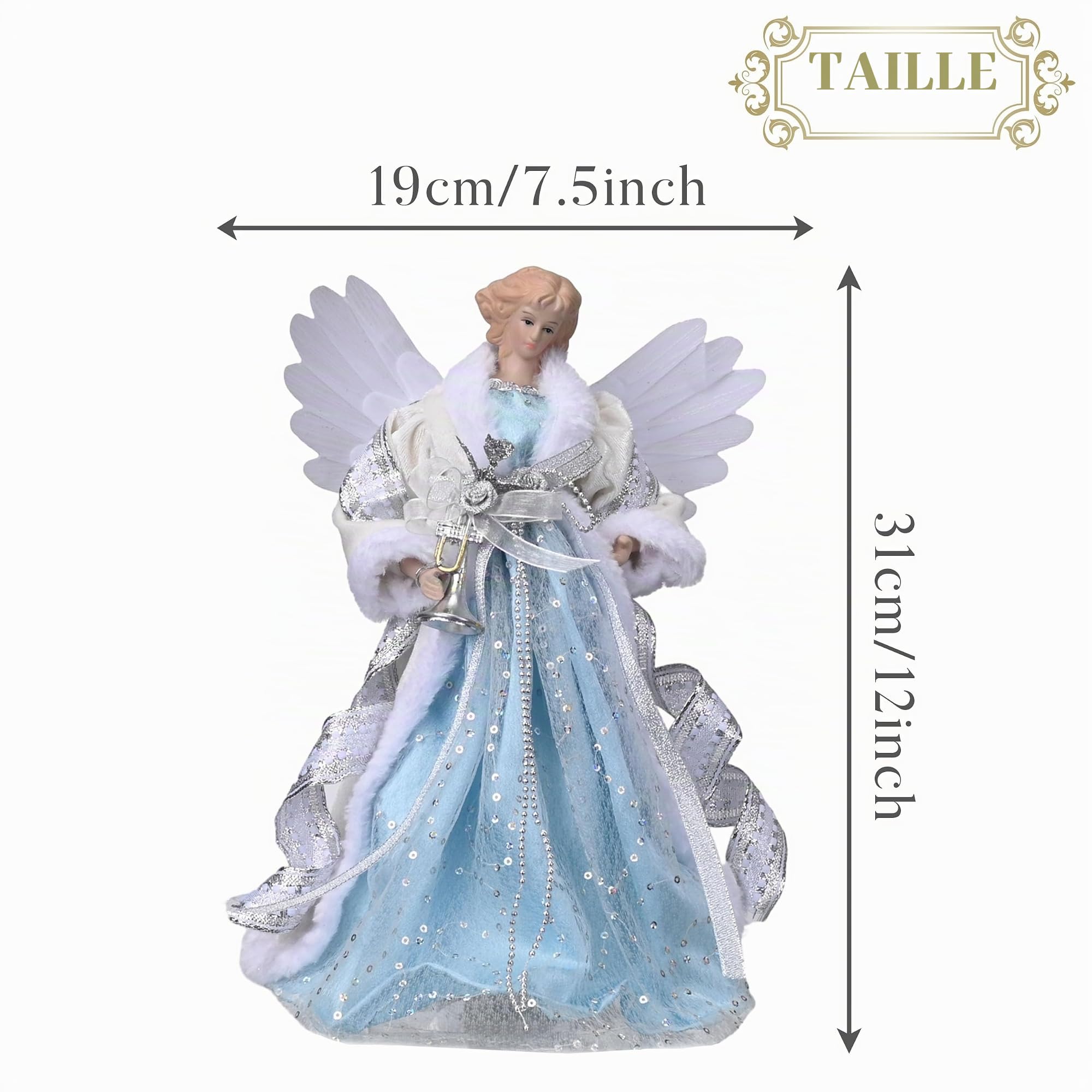 Valery Madelyn Décorations de Sapin de Noël avec Ange Bleu et Blanc,Pointe de Sapin de Noël en Forme d'ange Traditionnel,Cime de Sapin Noël avec 10 lumières LED, à Piles(Non Inclus) 31 cm