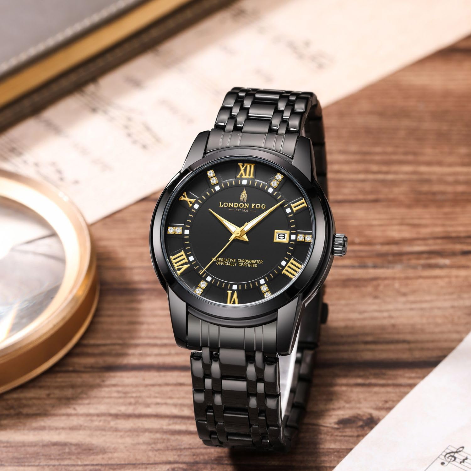 London Fog Regent Collection Analog Quartz Watch for Men with Black Dial and Black Stainless Steel Strap, Metal Case, Date Display, Luminous Hands & Hour Markers, Water Resistant 1
