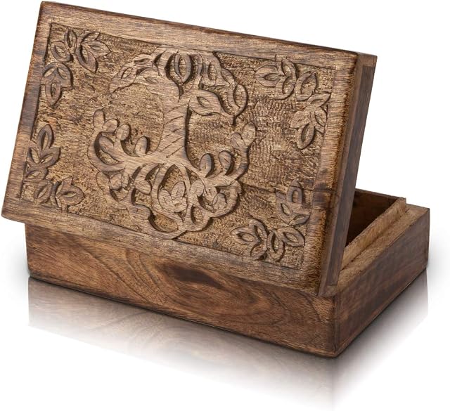 Great Birthday Gifts Handmade Decorative Wooden Jewellery Box Tree Of Life Carving Jewellery Organizer Keepsake Box Treasure Chest Trinket Holder Watch Box Storage Lock Box Housewarming Gift (Antique)
