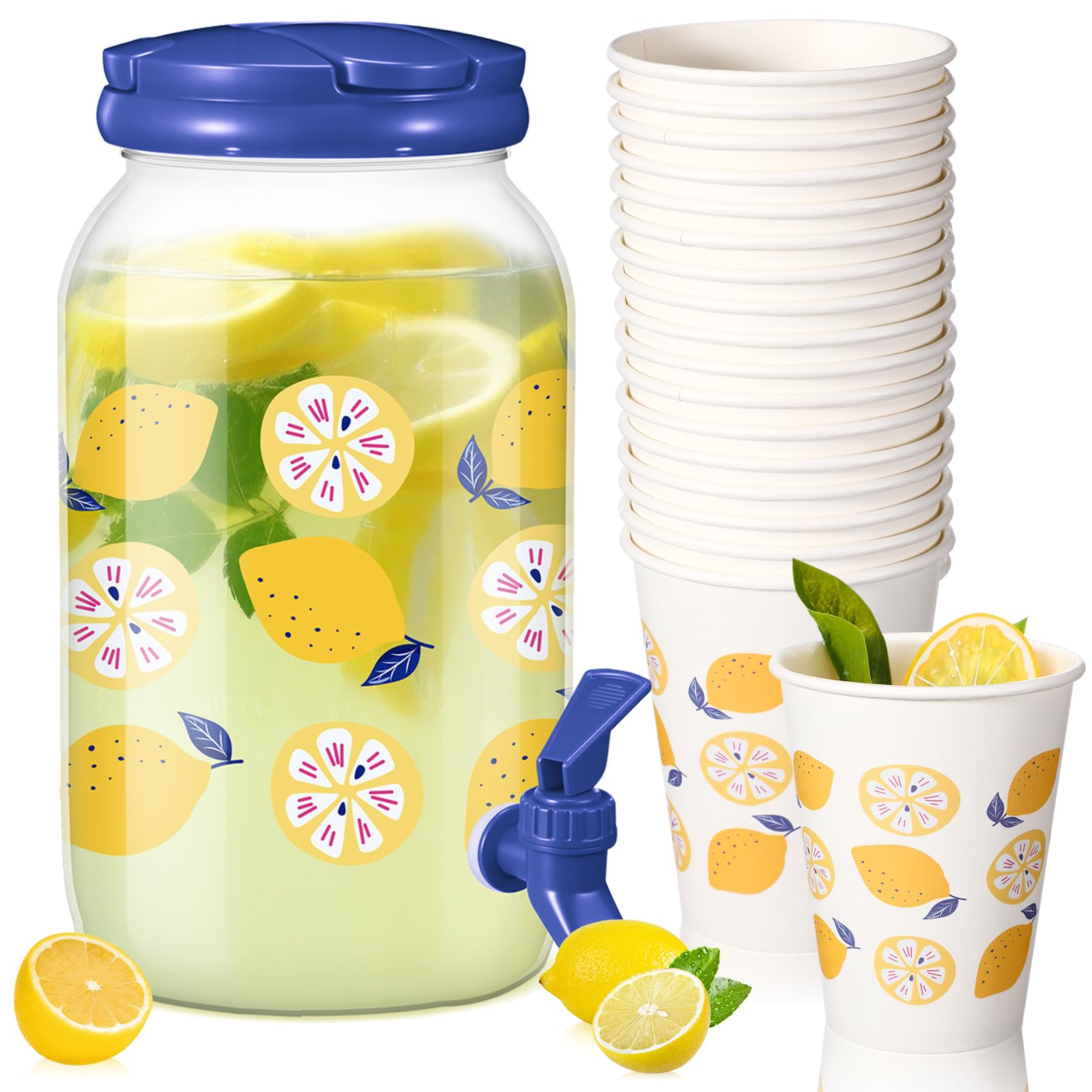 Umigy Tree Clear Plastic Drink Dispenser with 20 Pcs 12 oz Tropical Paper Cups 1 Gallon Kitchen Fridge Beverage Dispenser Plastic Water Dispenser with Spigot for Juice Tea Beer (Blue Lemon)
