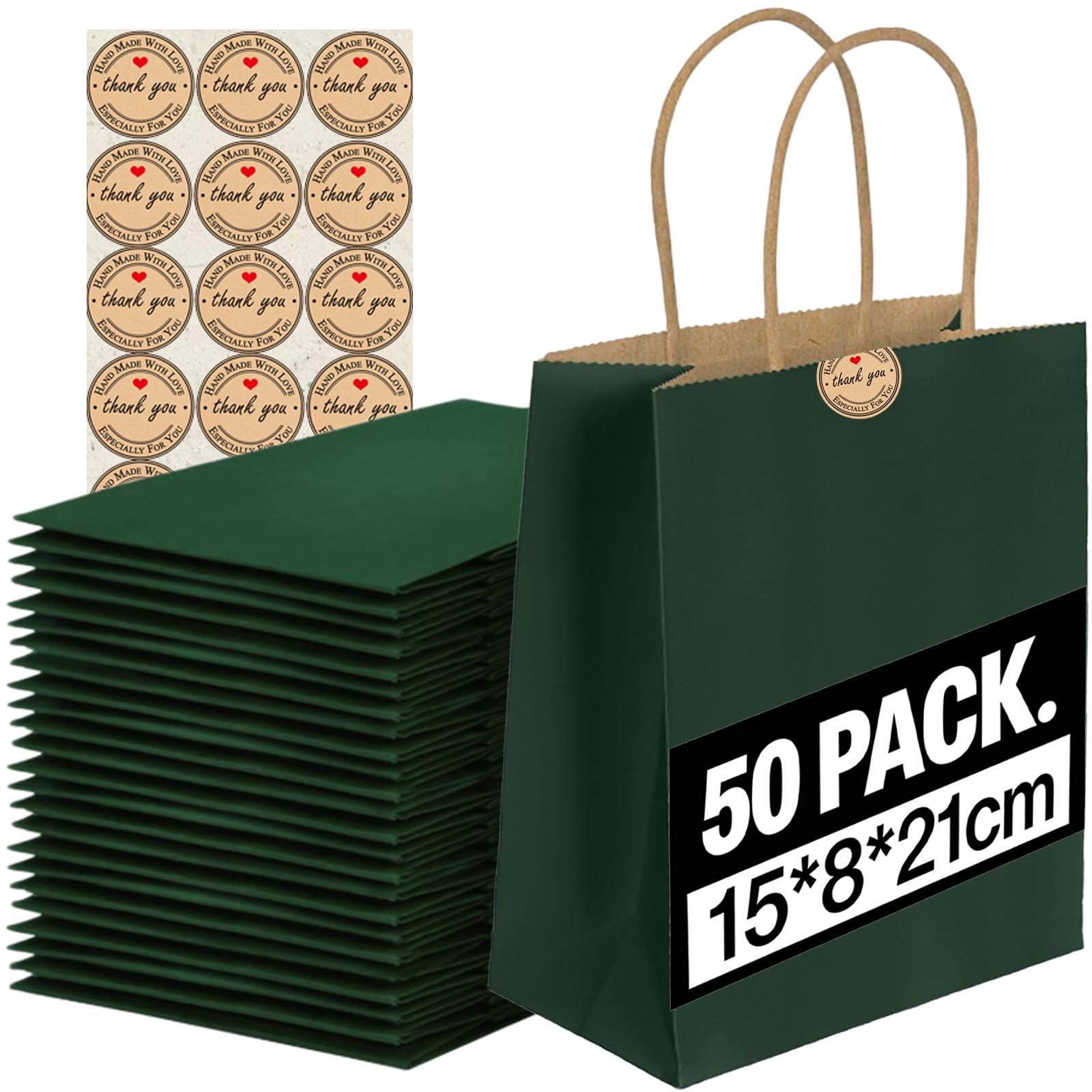 50Pcs Small Paper Bags With Handles, Paper Gift Bags (21x15x8cm), 130GMS Thicken Kraft bags Party Favor Shopping includes lables for Favor Birthday Party Wedding Shopping Retail (50PCS-Dark Green)