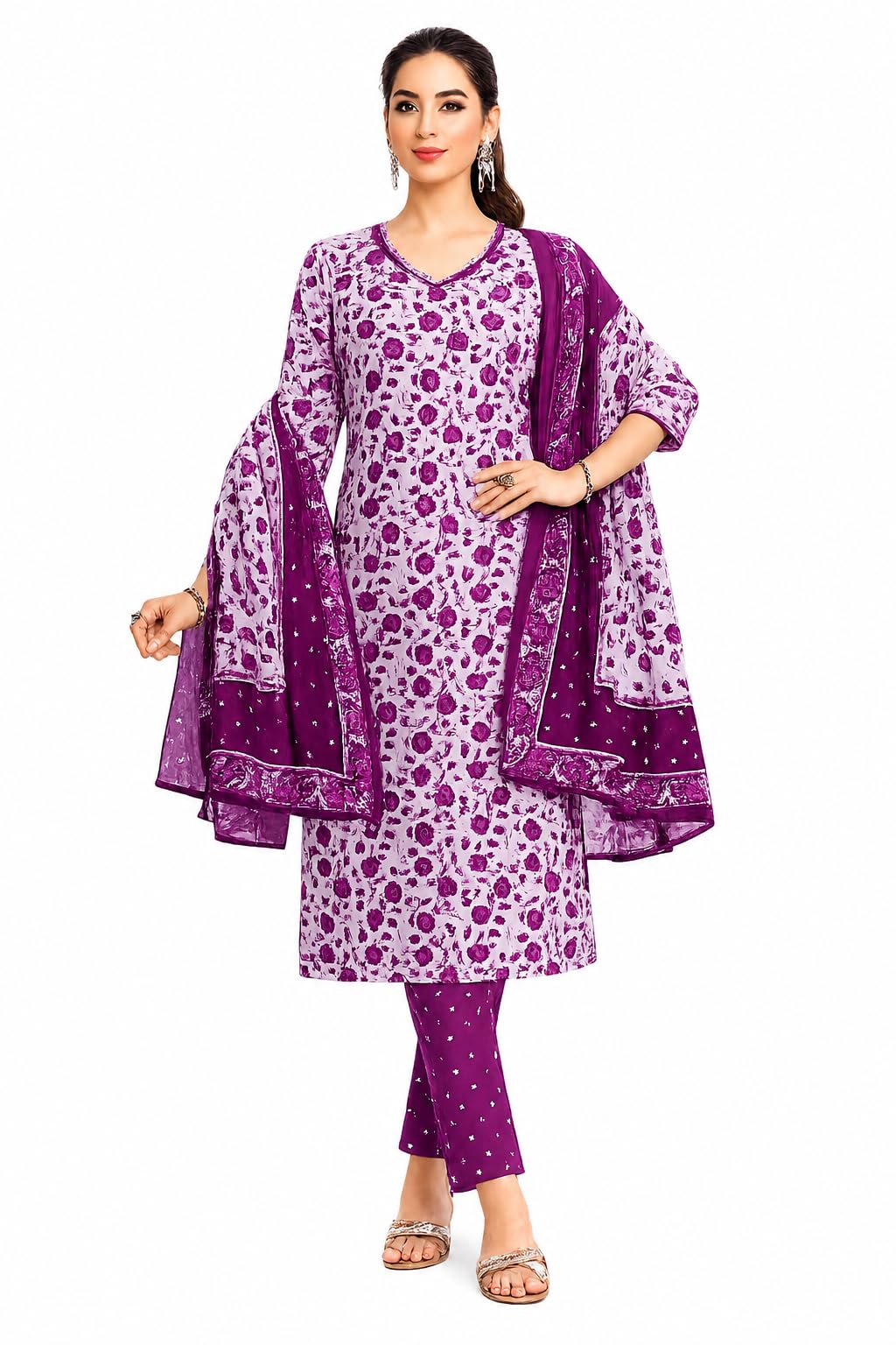 Women's Pure Cotton Printed Readymade Churidar Suit Set with Dupatta | Floral Print Kurta, Pant & Dupatta | Regular Fit | Purple | SIZE - XXL-picture-34