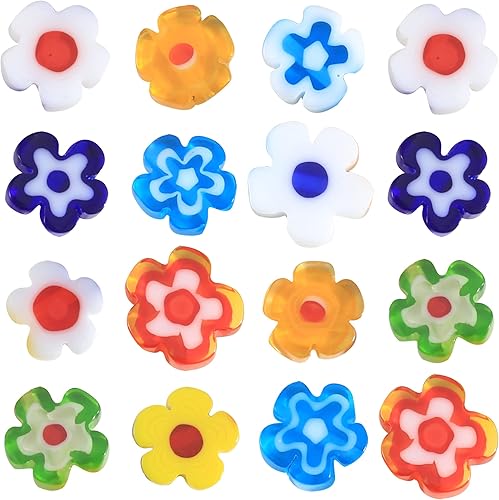 Weebee Millefiori - Cuentas sueltas de cristal con forma de corazón y flores planas, cuentas espaciadoras redondas para hacer joyas, 100 unidades