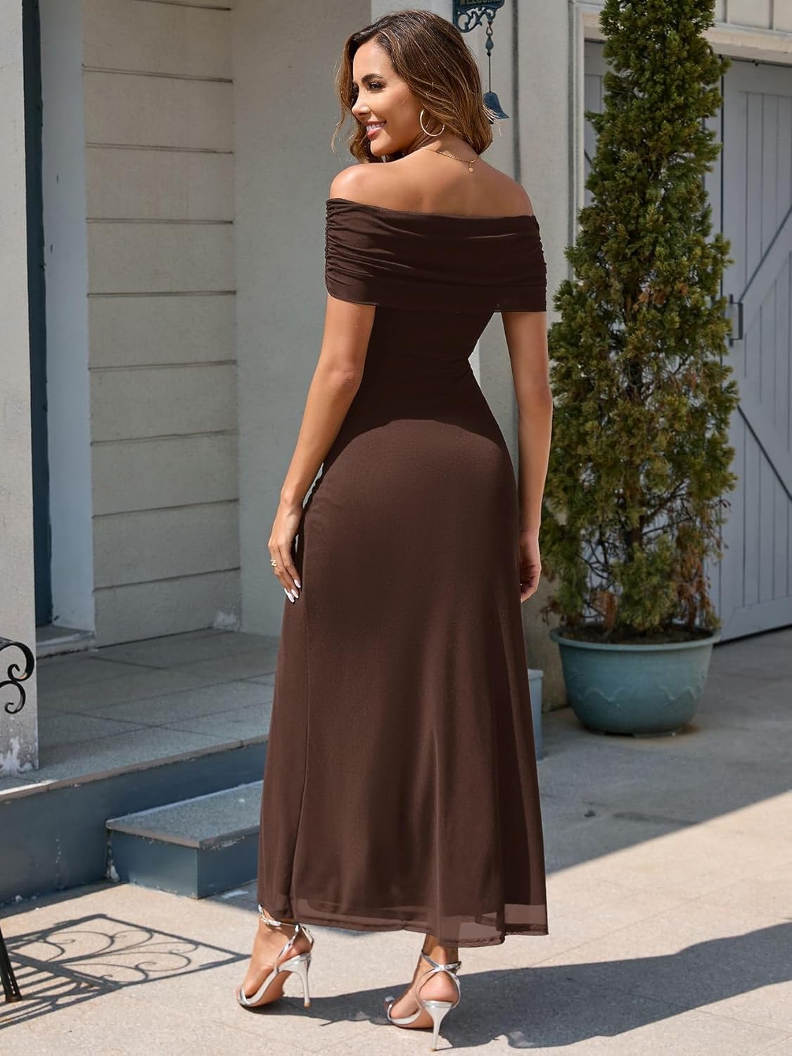 KUTUMAI Women Off Shoulder Bodycon Maxi Long Dress Mesh Ruched Elegant Formal Wedding Guest Dresses - Image 3