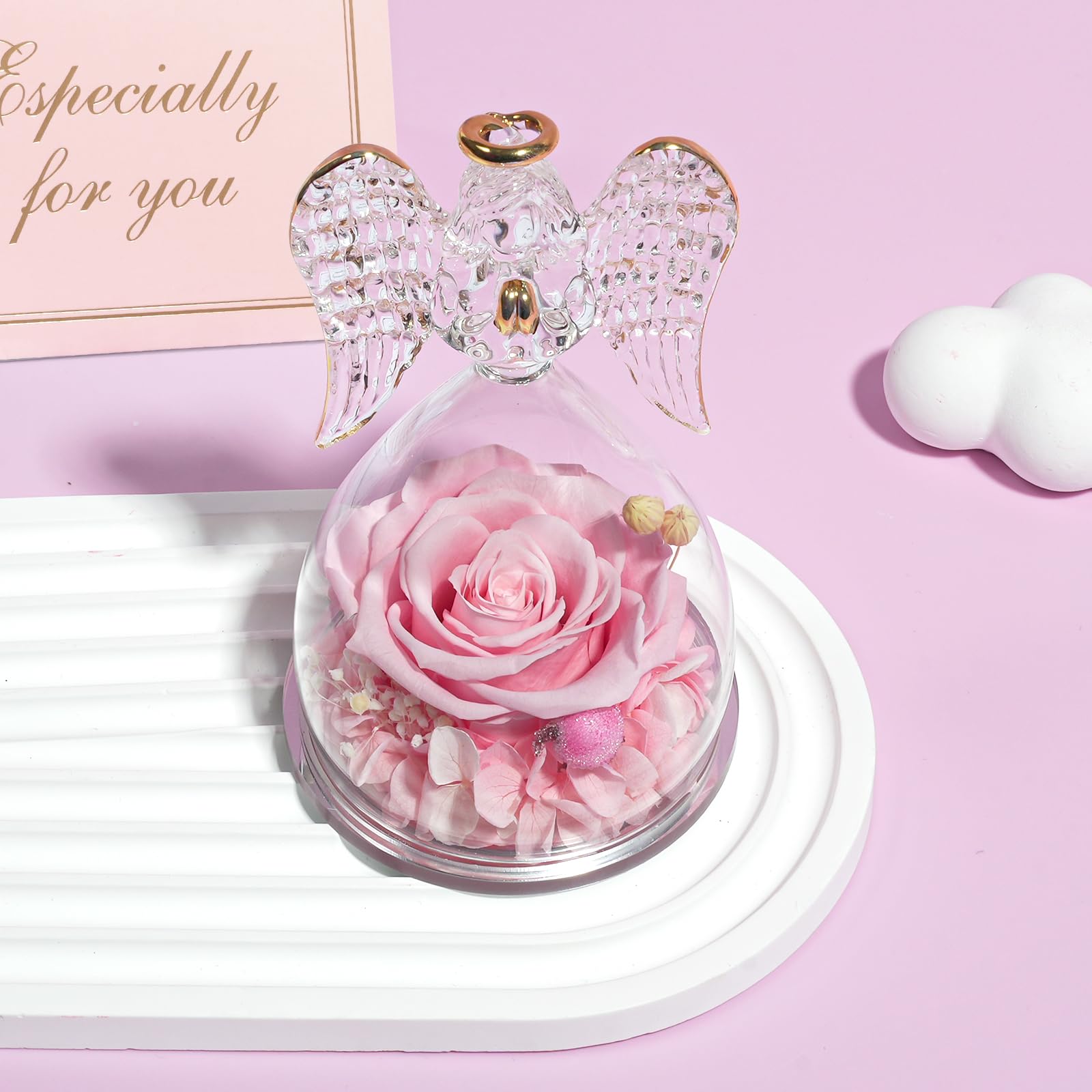 Yamonic Rosa Eterna Regalo Originale para Mujer,Rosa Preservada con Figura Ángel Regalos para Mamá,Regalos Cumpleaños Mujer Abuela,Flore Eterna Regalo Navidad San Valentin Dia de la Madre