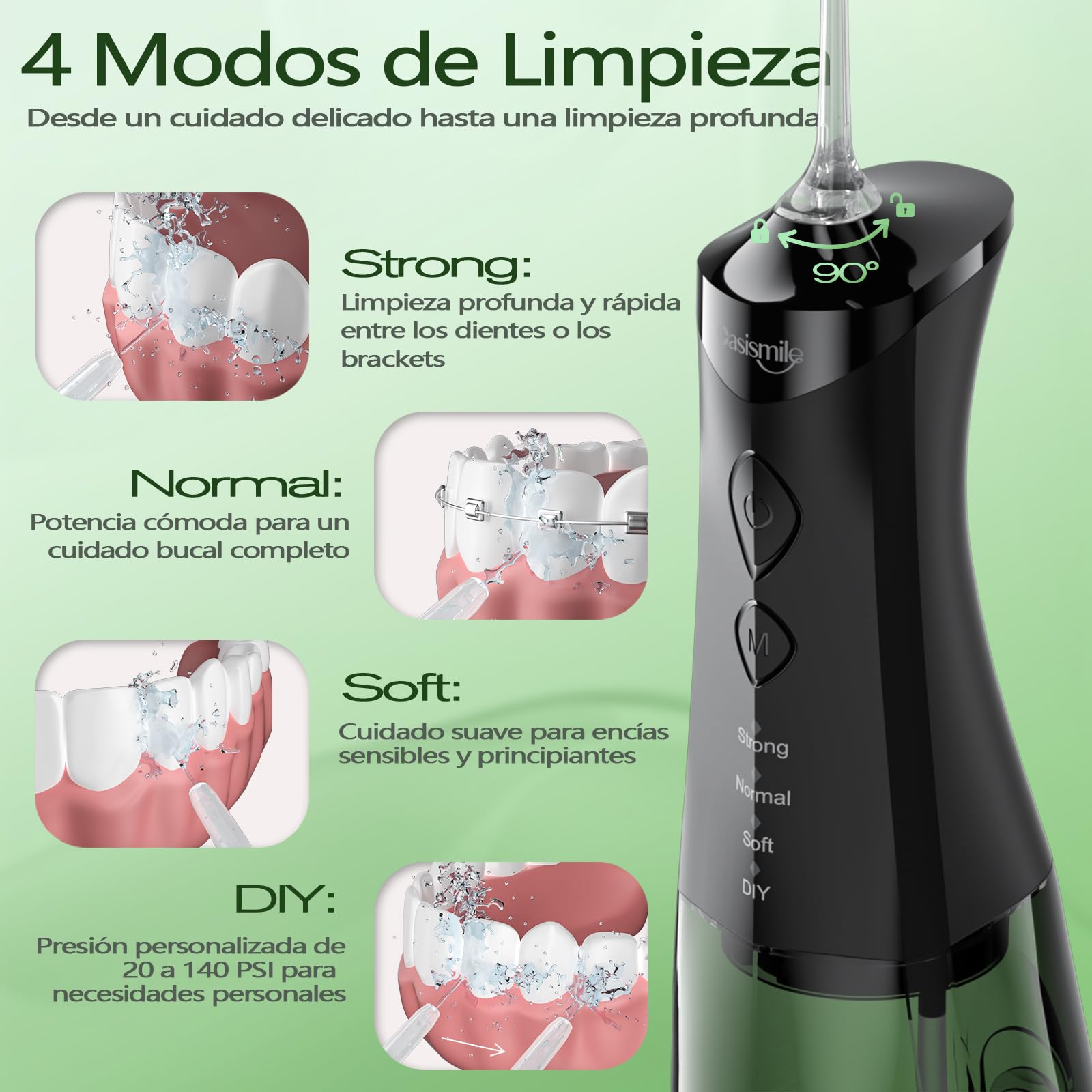 OasiSmile C2 Irrigador Dental Portátil, 350 ML Irrigador Bucal con Tecnología DIY Autoajustable, 5 Boquillas y 4 Modos, Ideal para Ortodoncia y Encías Sensibles, IPX7 Recargable para Viaje Hogar