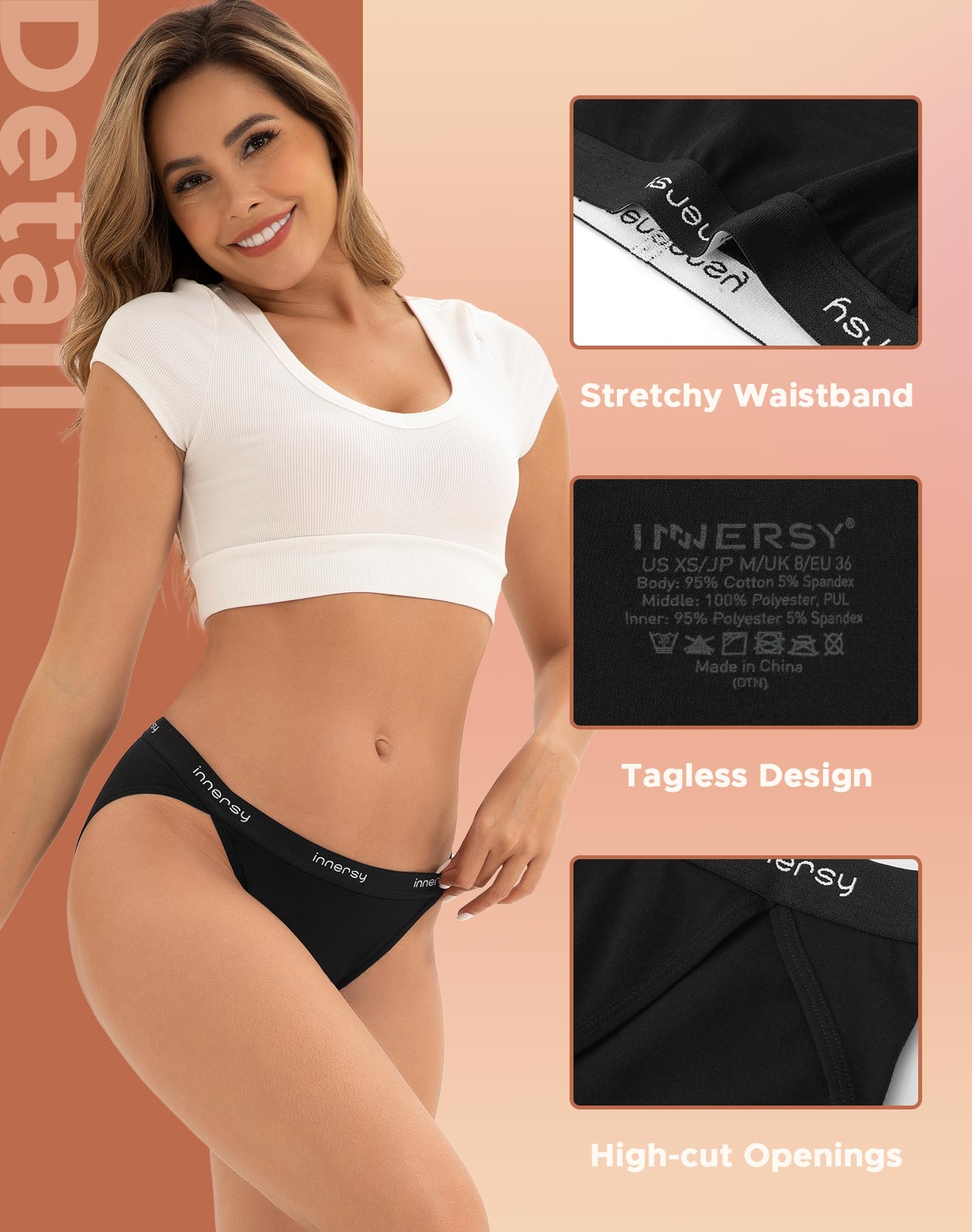 INNERSY Women's Bikini Period Underwear Cotton Menstrual Leakproof Panties 3-Pack: Pure Black Small