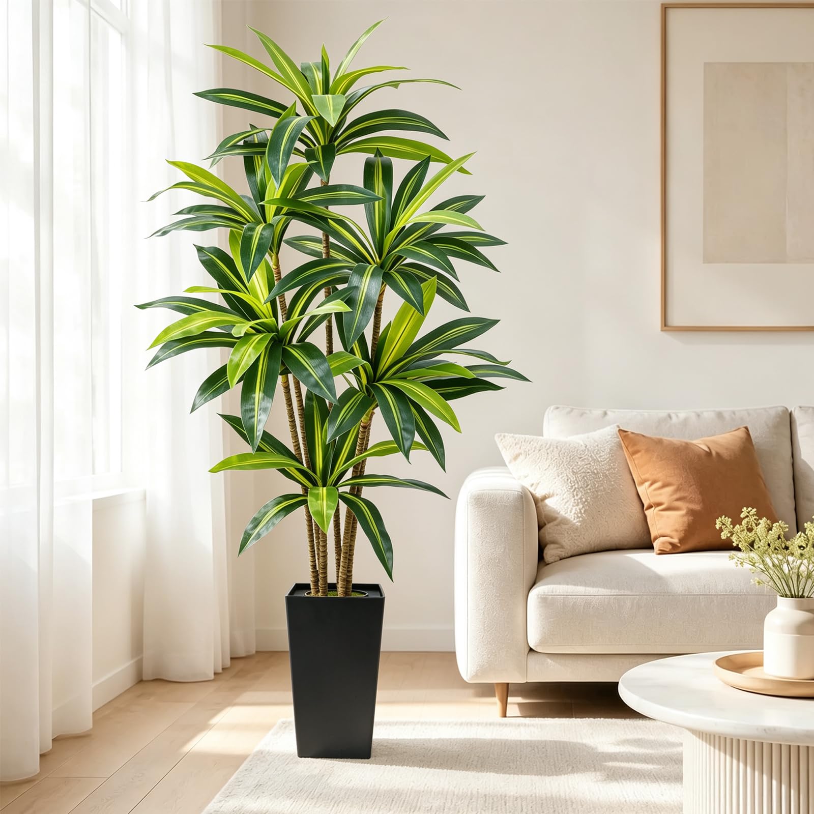 6FT Artificial Dracaena Tree with Black Planter Tall Faux Dracaena Plants