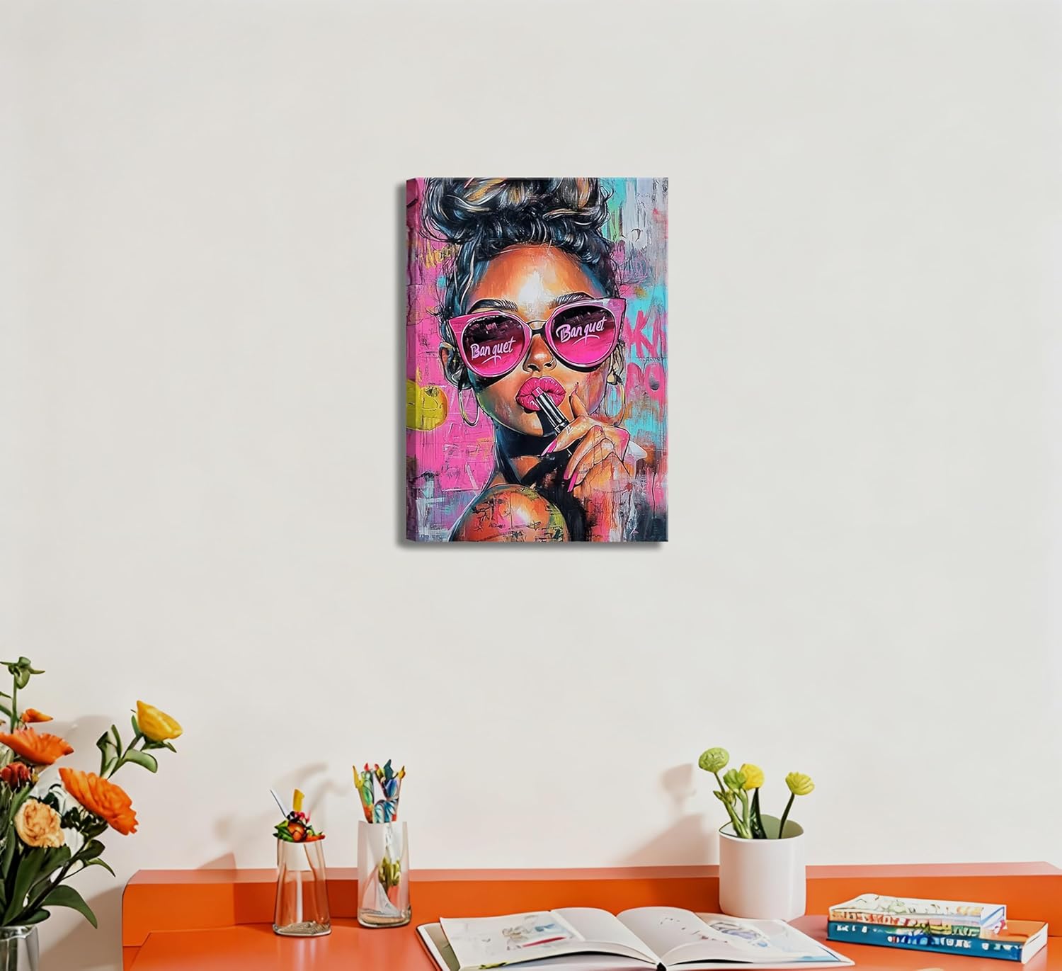 Black Girl Canvas Wall Art Pink African Woman Painting Picture Wall Decor Fashion Graffiti Dopamine Cool Female Poster Print Artwork for Girls Bedroom Dormitory Apartment Home Decoration