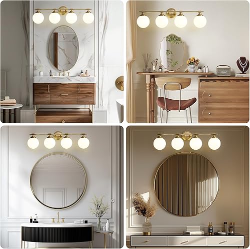 Miniatura 8 de Lámparas de baño de 32 pulgadas, 4 luces ETL doradas, luces de tocador de baño sobre espejo con pantalla de vidrio de leche, iluminación de aplique