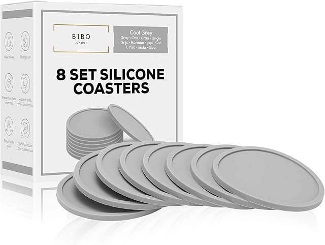 Set of 8 Cool Grey Drink Coasters by BIBO London. Heatproof Drinks Mats - Protecting All Table Surfaces Including Wood, Glass, Marble, Stone