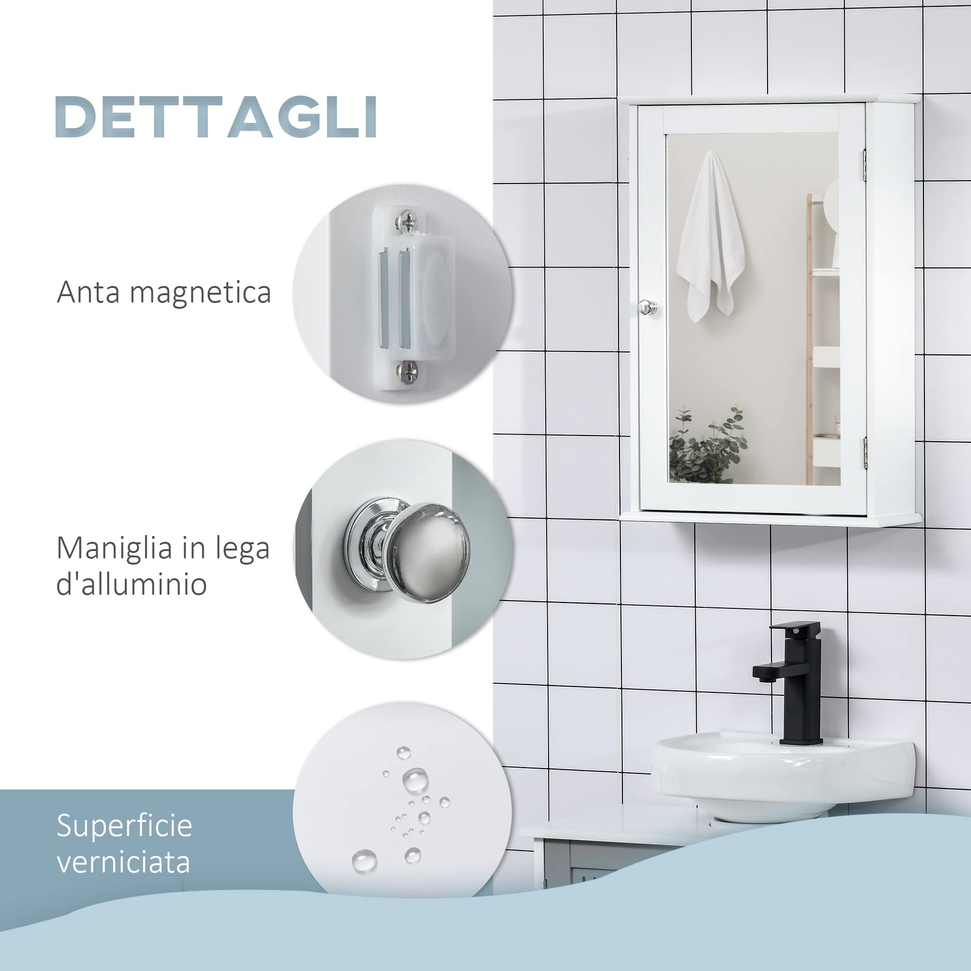 kleankin Specchio Bagno Contenitore con Chiusura Magnetica, Mobiletto Bagno da Parete Salvaspazio in Legno, 41x14x60cm, Bianco