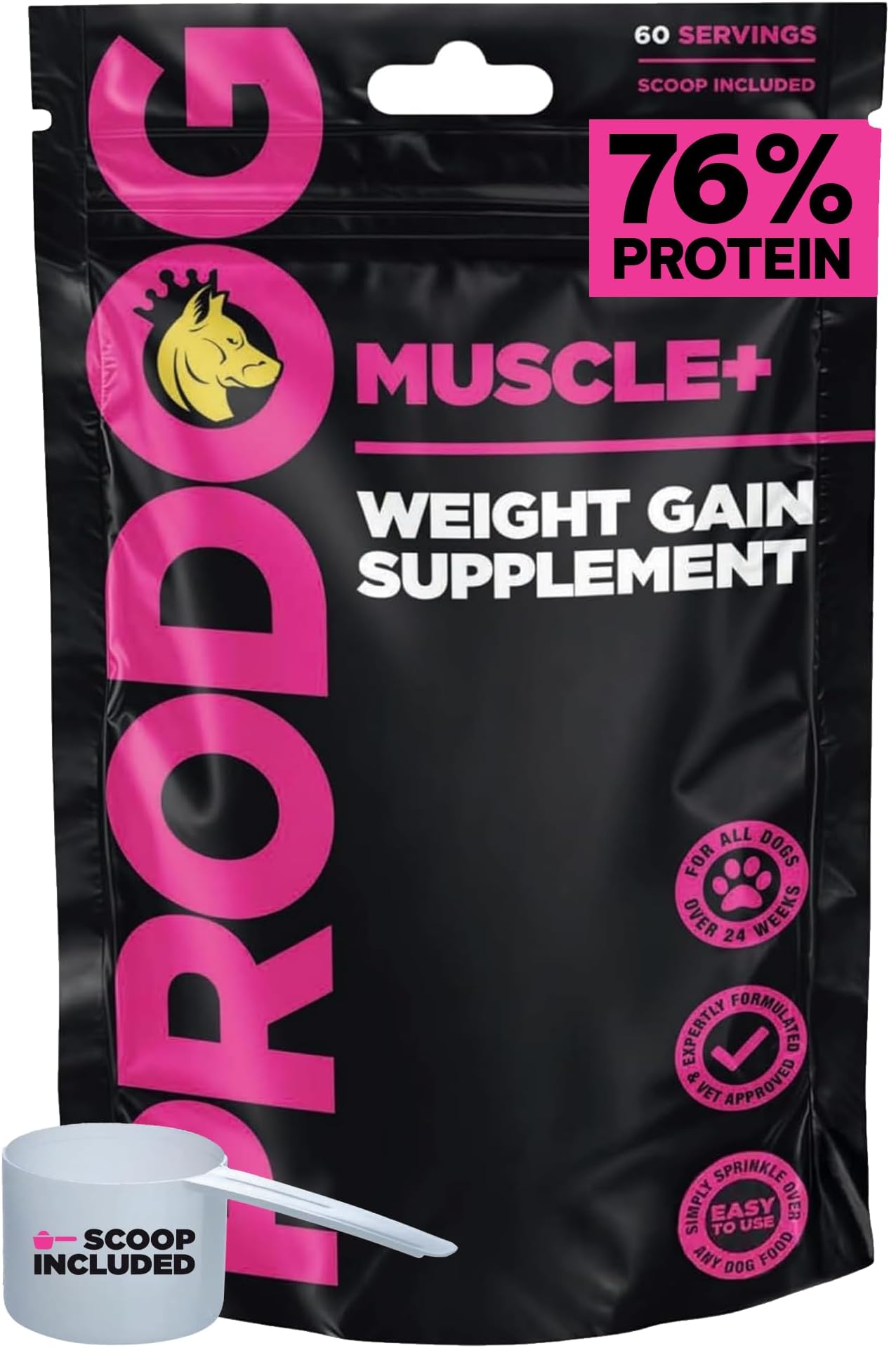 Muscle+ Dog Weight Gainer - Advanced Nutrition 76% Protein Per Scoop & Omega 3,6,9 - Supplement for Muscle Growth & Recovery, Underweight, Malnourished Dogs (60 Servings)
