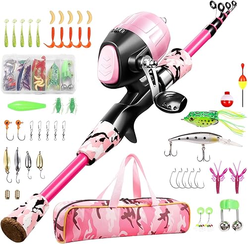Caña de pescar para niños, kit combinado de caña de pescar telescópica y carrete, equipo de pesca, señuelos de pesca, bolsa de transporte, 70 juegos