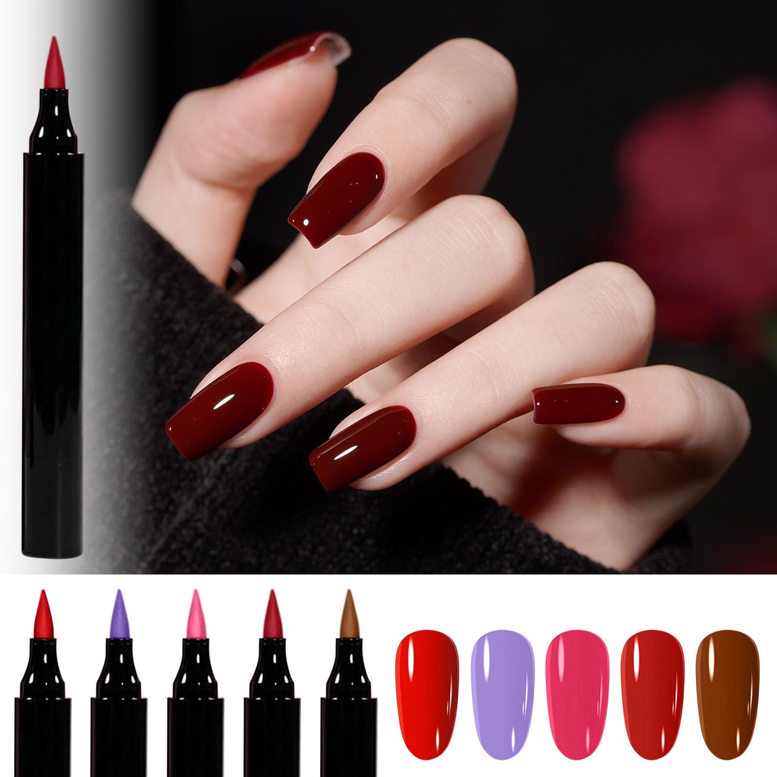 Nolynails nagellack stift, 5 Marker Nagellackstifte für Näge - Nagellack Schnelltrocknend Wasserbasis, Nail Arts Pen Ohne UV Lampe, Einfach und Präzise Fünf Farben (15Pc)