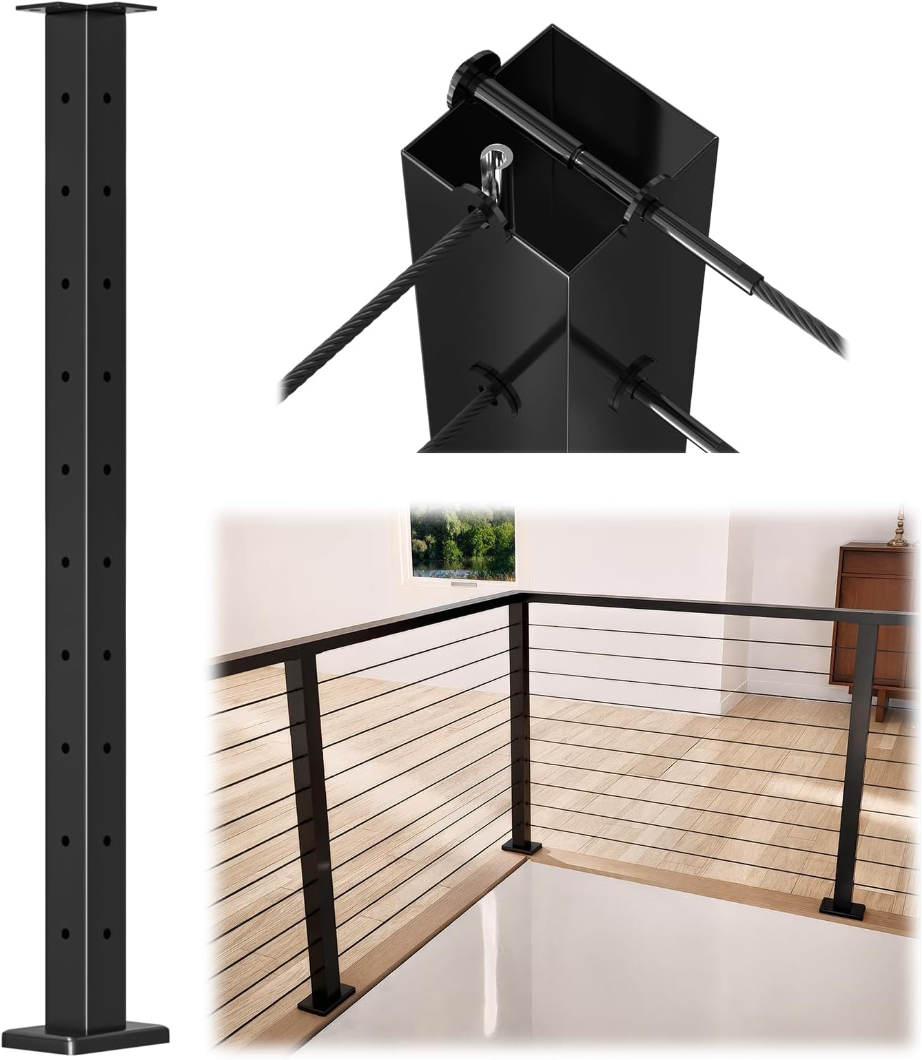 Black Corner Cable Railing Post 36 Inch 36"x2"x2" T-drilled One-Post Corner Solution Surface Mount Stainless Steel Cable Railing System Kit Indoor Outdoor with Paper User Guide PS02 B34S