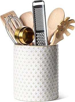 LE TAUCI Utensil Holder for Kitchen Counter - 7.1" Large Ceramic Utensil Crock, Cooking Utensil Organizer for Spatula, Spoon, Whisk - Farmhouse Kitchen Countertop Storage, Embossed, Clover
