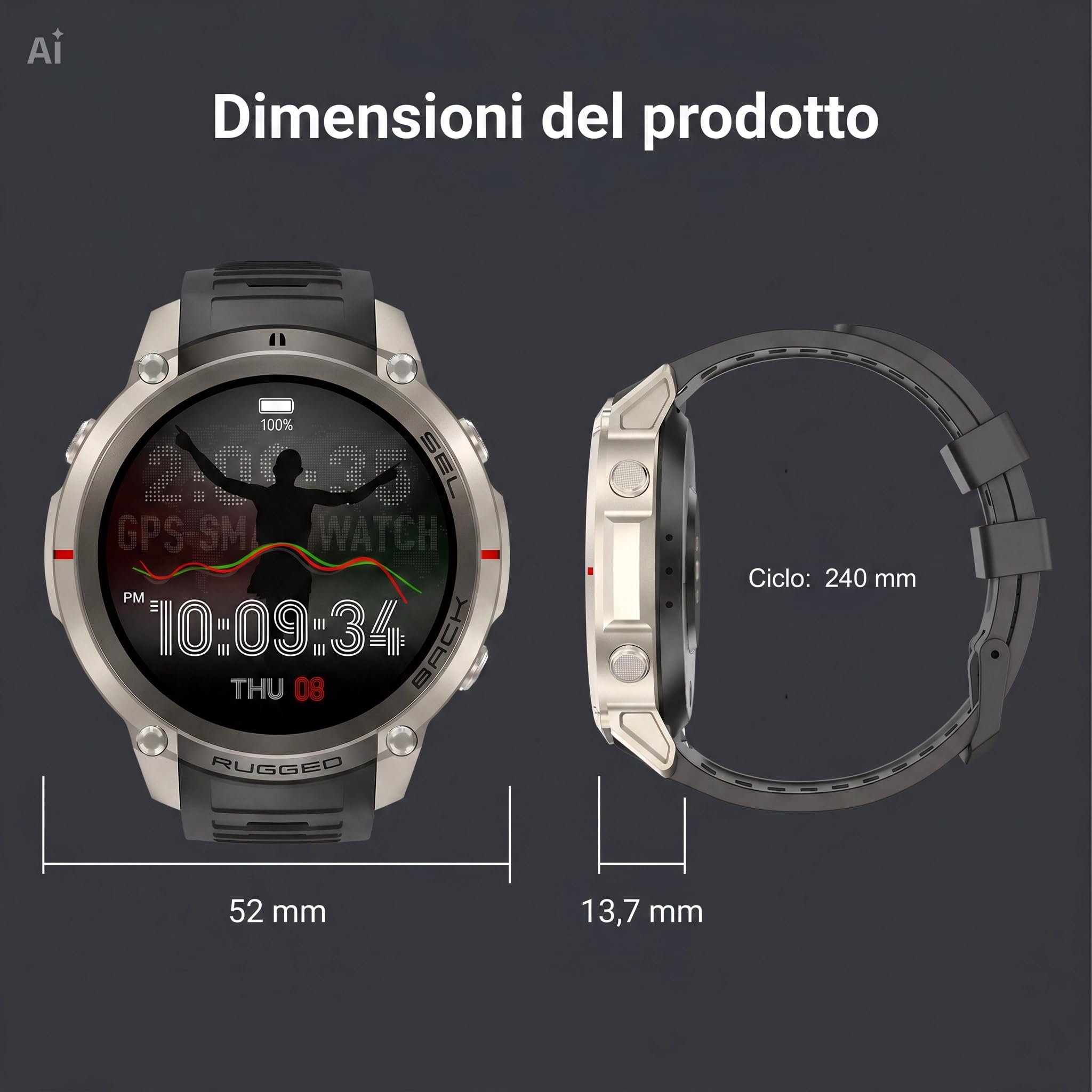 Smartwatch GPS con Mappe Offline, Bussola, Altimetro, Meteo – Orologio con Display AMOLED 1.43", Impermeabile 50M, Monitoraggio Cuore/Ossigeno/Pressione, Cinturino in Gel di Silice