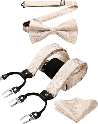 HISDERN Suspenders for Men Paisley Floral Bow tie Suspender Pocket Square Sets Adjustable Y Shape 6 Clips Wedding Braces