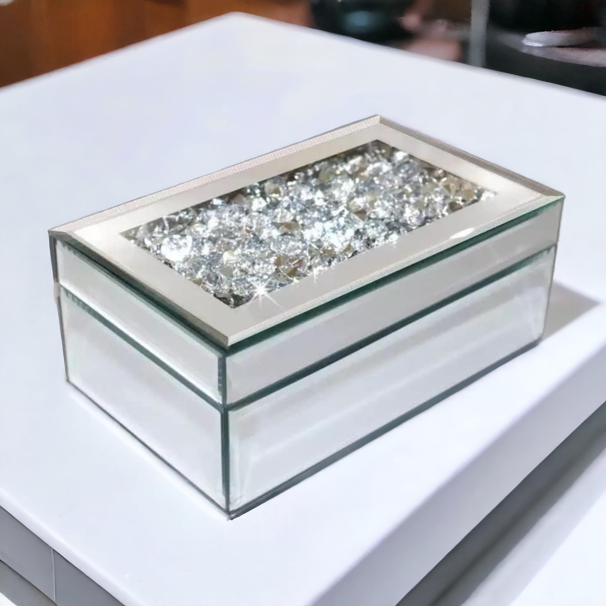 Portagioie In Vetro Con Specchio E Diamanti - Scatola Elegante Per Orecchini E Anelli, Argento - Foto 9