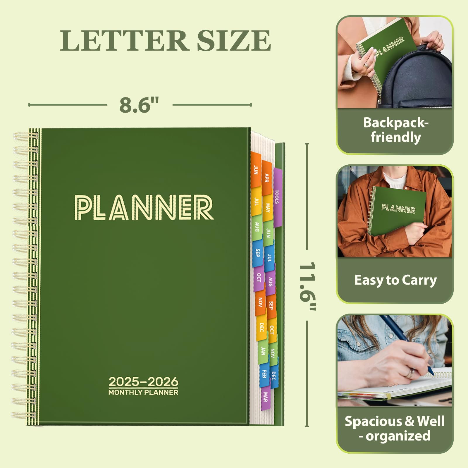 Agenda académica 2025-2026, 8.5 × 11 mensuales, calendario diario con rastreador de hábitos para mujeres y hombres, año escolar de junio de 2025 a diciembre de 2026, color verde