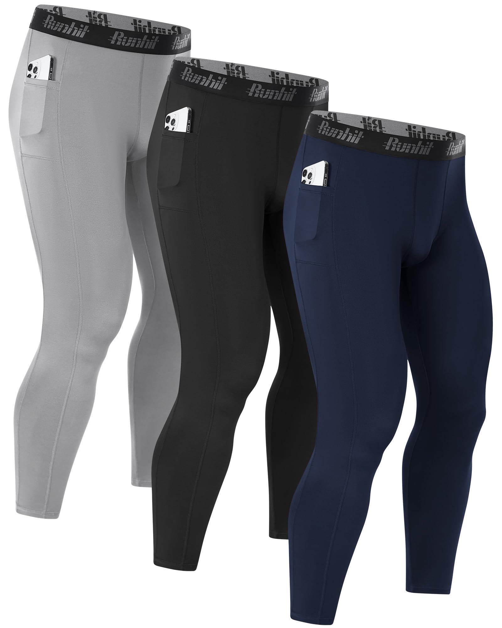 Runhit 1/3er Pack Kompressionshose Herren Lange mit Taschen, Tights Sport Leggings Schnelltrocknende Trainingshose Sporthose Laufhose Atmungsaktiv Funktionsunterhose für Fitness Joggen Training Gym