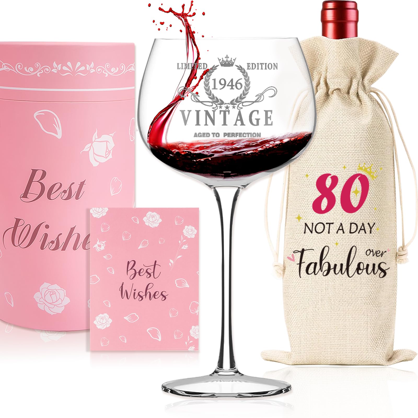 80th Birthday Gifts for Women, Vintage 1946 80th Wine Glass, 80 Year Old Birthday Decorations for Women, Decorative Wine Bag Gift with Witty Quote, Personalised Gifts Wine Glass Mum Auntie Sister Gift