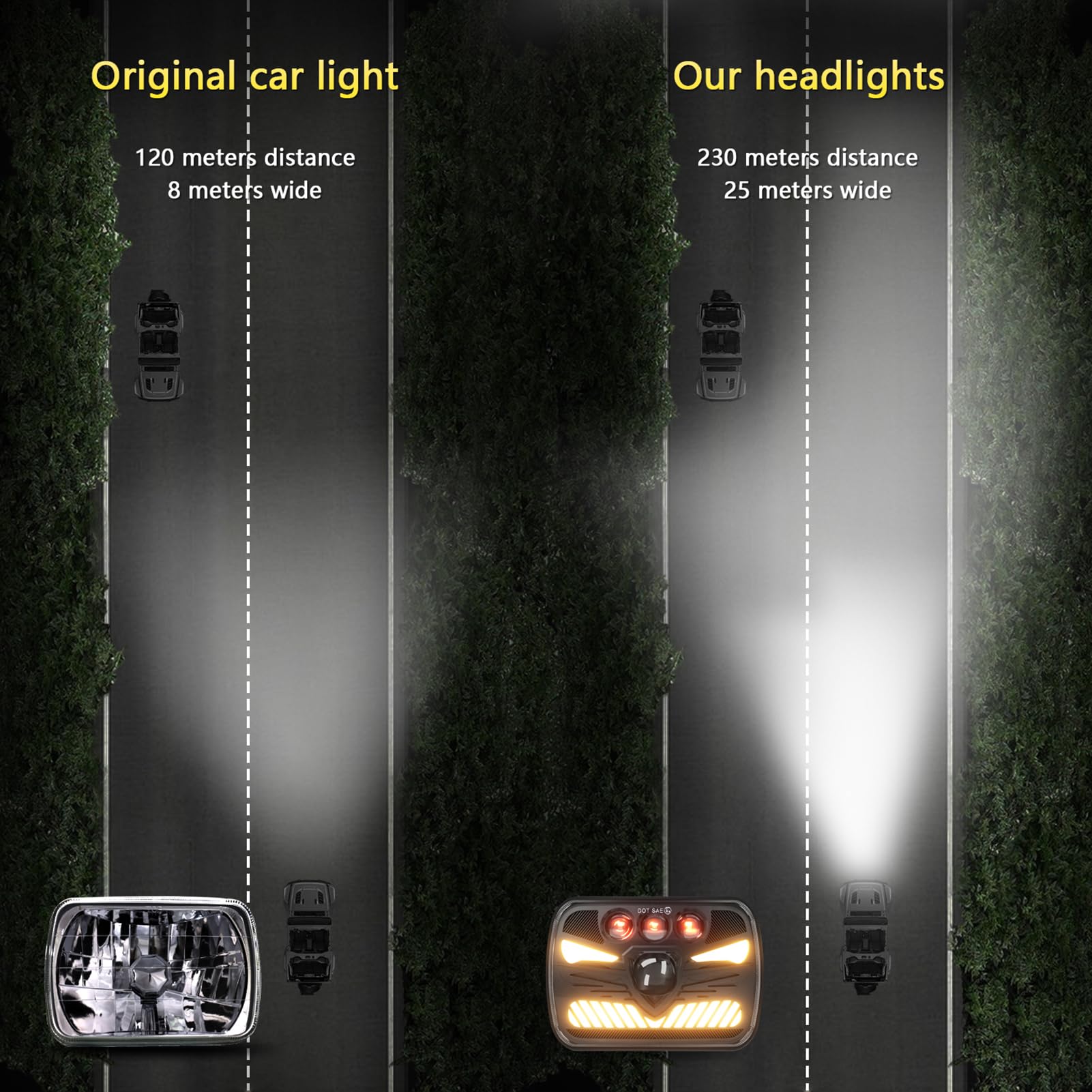 Shkalacar 7 cali reflektor roboczy, 2 sztuki 7x6 5x7 reflektor LED kwadratowy reflektor LED ze światłami do jazdy dziennej kierunkowskazy światła drogowego / świateł mijania 4 tryby światła wtyczka H4
