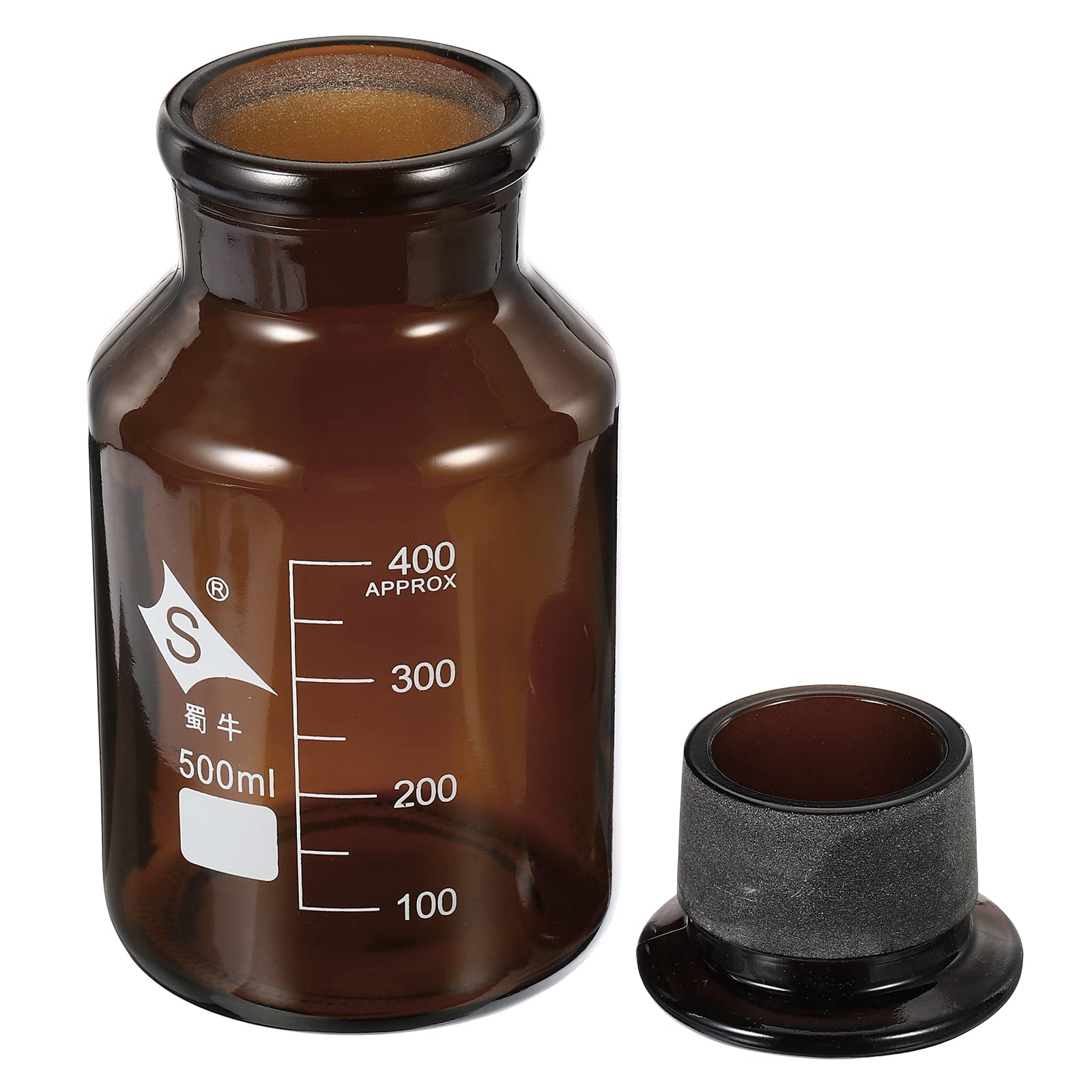 PATIKIL 500mL Reactivo Medios Botella, 1uds Redondo 3.3 Borosilicato Vidrio Graduado Almacenamiento Botella con Ámbar Tapa para Laboratorio Hogar, Ámbar