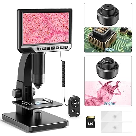 HAMOPY 2000X LCD Digital Microscope with Remote Control, 1080P Coin Microscope with 32GB Card, 7'' IPS Display Biological Microscope, 10 LED Lights, PC View, Photo/Video, Compatible for Windows/Mac/OS