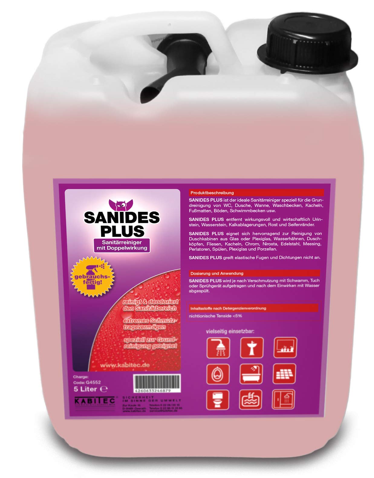 SANIDES PLUS Sanitärreiniger mit Doppelwirkung, Badreiniger, Duschkabinenreiniger, Kalksteinlöser, WC-Reiniger, Urinsteinlöser | 5 Liter Kanister, gebrauchsfertig