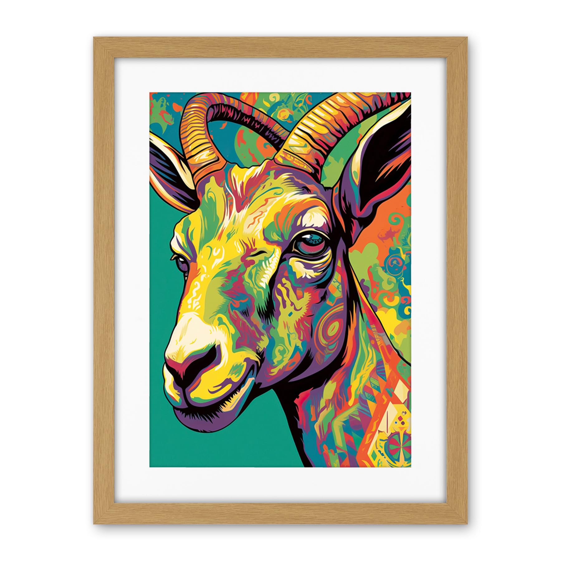Artery8 The Trippy Goat Psychedelic Portrait Vibrant Colourful Patterns Modern Pop Art Artwork Framed Wall Art Print 18X24 Inch