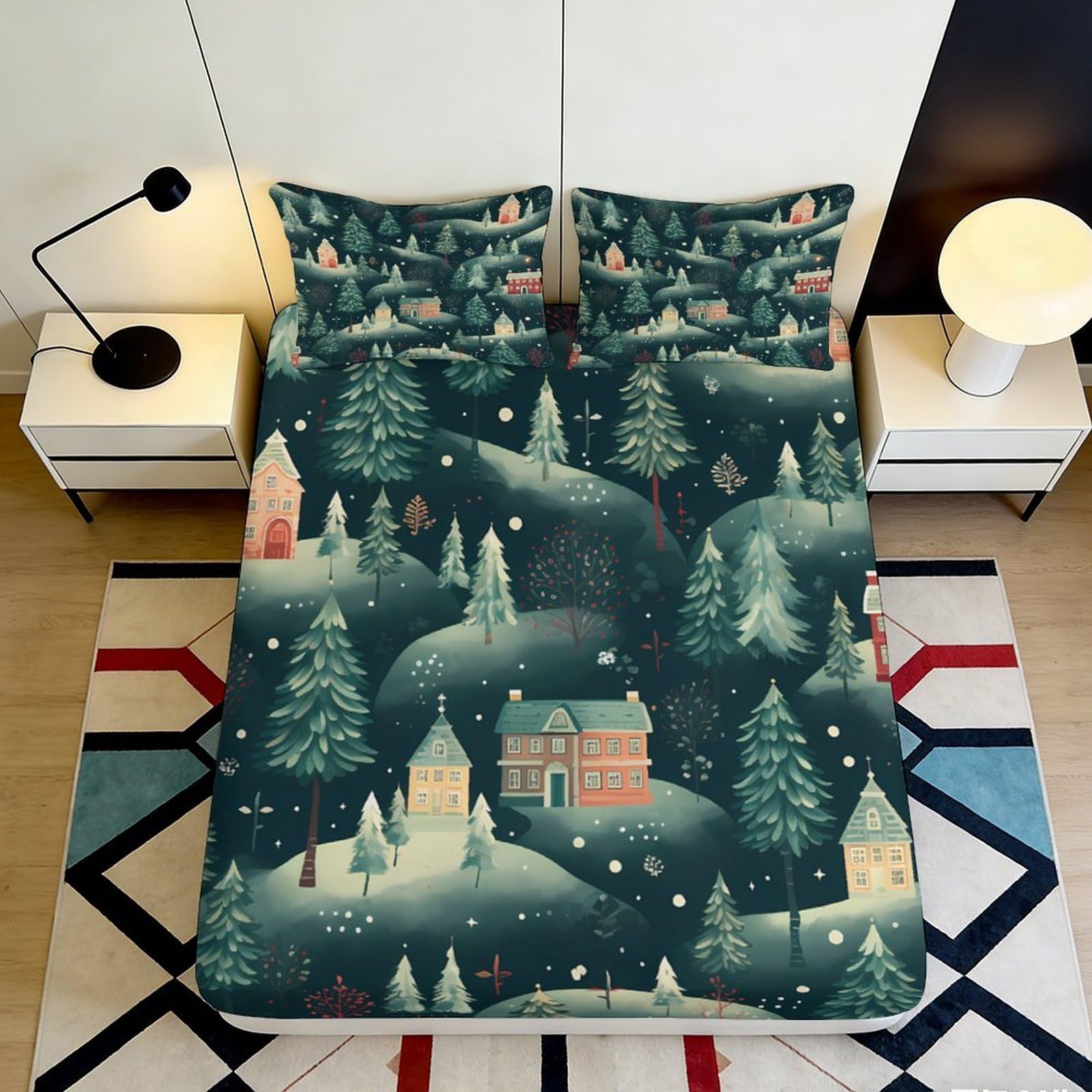 3D Printed Winter Forest Fitted Sheet Microfiber Soft Snow Village Mattress Cover for Bedroom Guest Room Decor 160x200x25cm