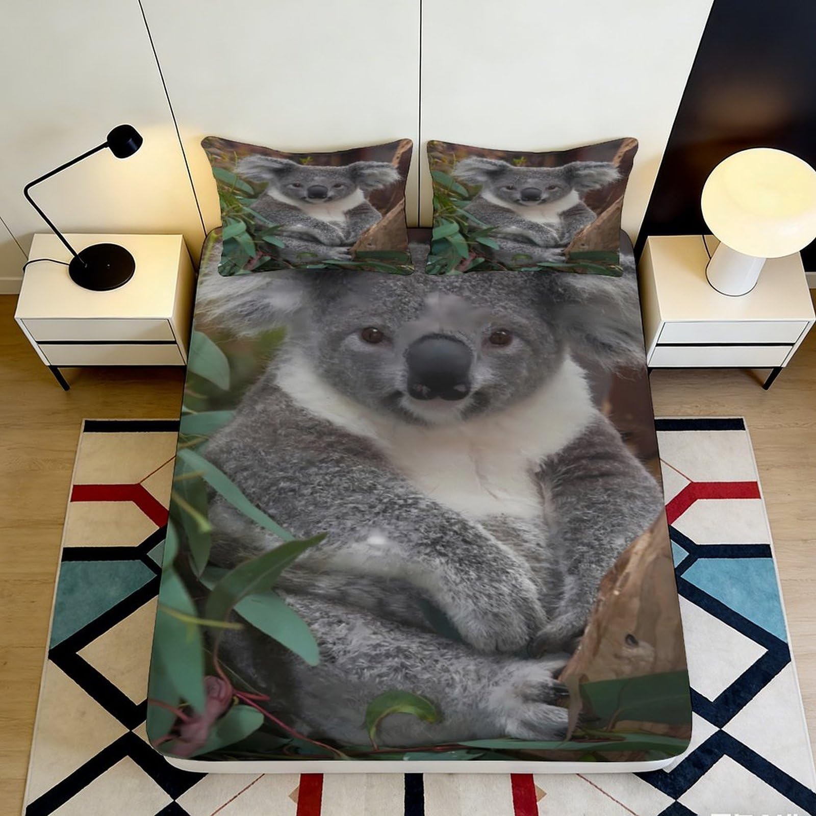 3D Printed Koala Fitted Sheet Microfiber Soft Durable Bed Cover with Animal Design for Bedroom Dormitory Guest Room Mattress Protection 120x200x25cm