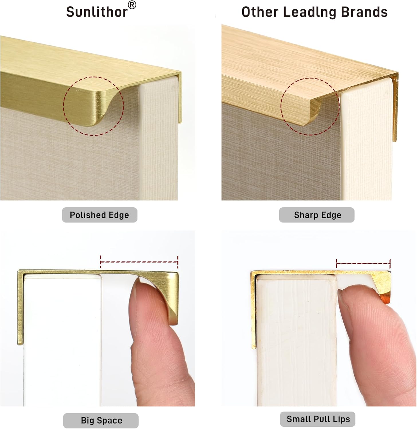 Edge Finger Pulls for Cabinet Kitchen Drawer knobs Low Profile Door Dresser Bathroom Long Cupboard Cabinet Pulls Handles Aluminum 10 Pack Brushed Brass 4.72" Easy Installation