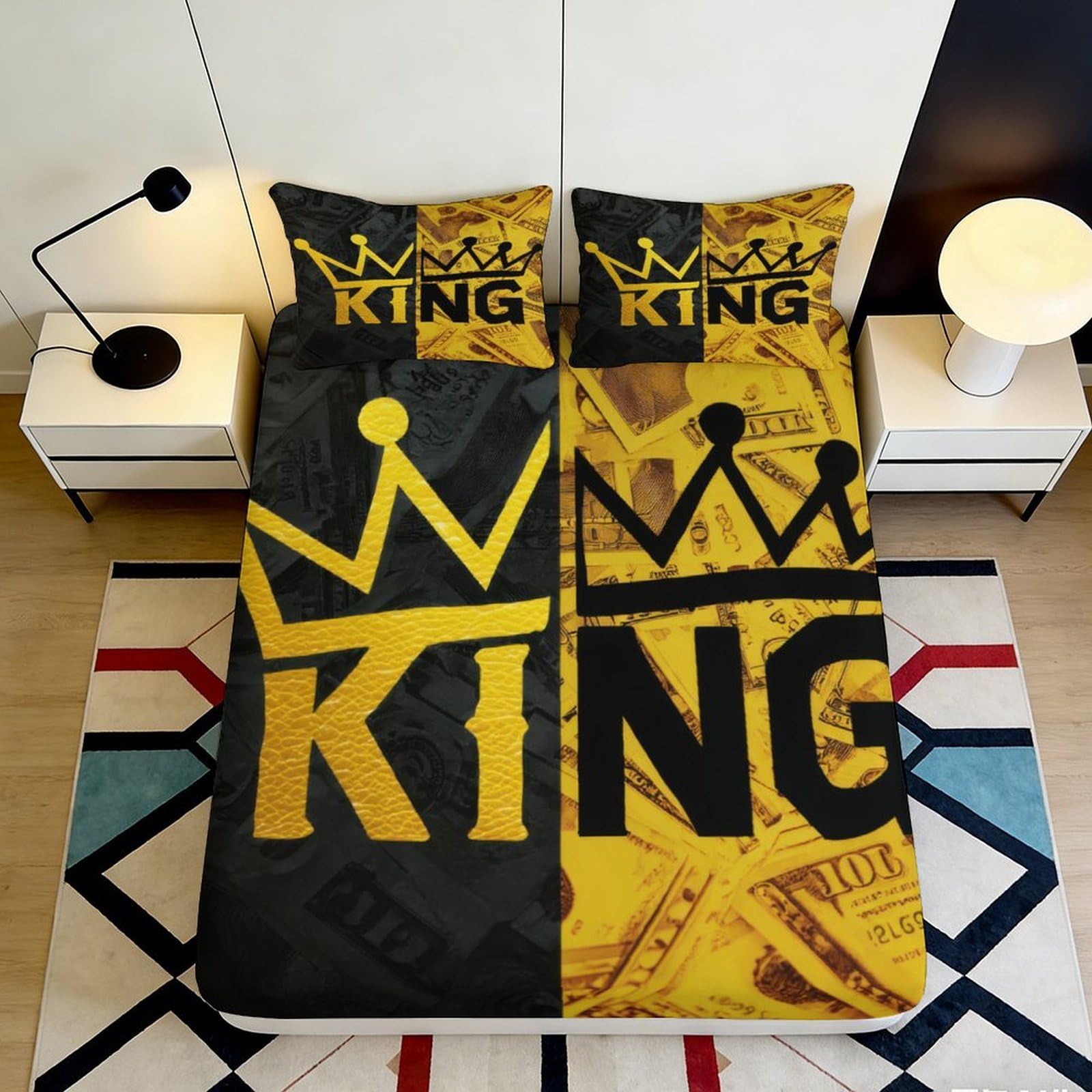 3D Printed Crown King Fitted Sheet Microfiber Soft Yellow Black Bed Sheet for Bedroom Guest Room Dorm Decor 90x200x25cm