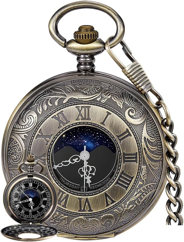 Vintage Pocket Watch with Roman Numberals Scale Moon Phase Calendar Quartz Pocket Watches with Chain Best Gift