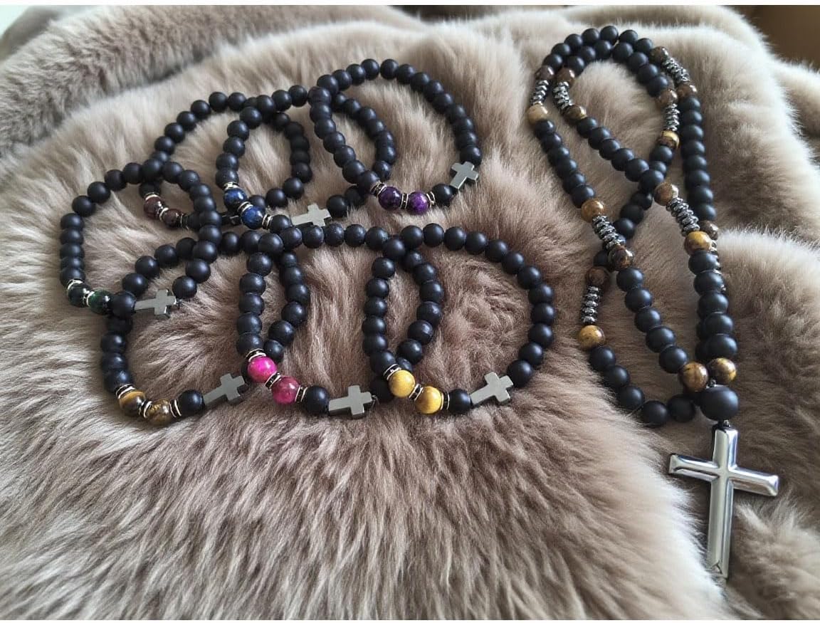 8Pcs Bracelet Beads Men Necklace Cross, 8mm Semi-Precious Gemstones Cross Beaded Bracelets Tungsten steel Necklace Set for Men Women Necklace Bracelets Jewelry Set Gift - Image 7