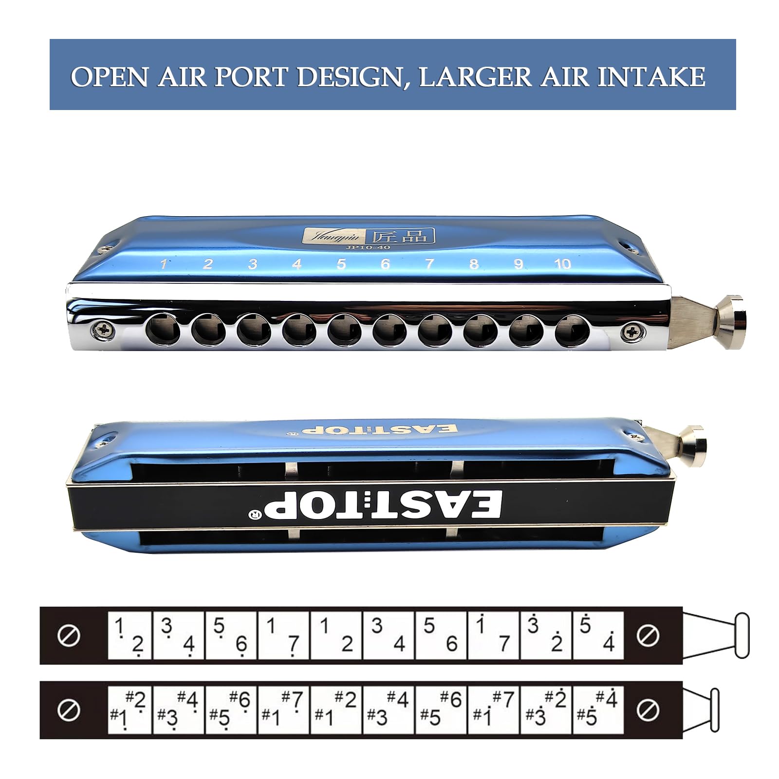 JP10-40 - Armonica cromatica a 10 fori, professionale, con chiave in do, per principianti e studenti, per iniziare a imparare l'armonica (JP 10-40 blu)