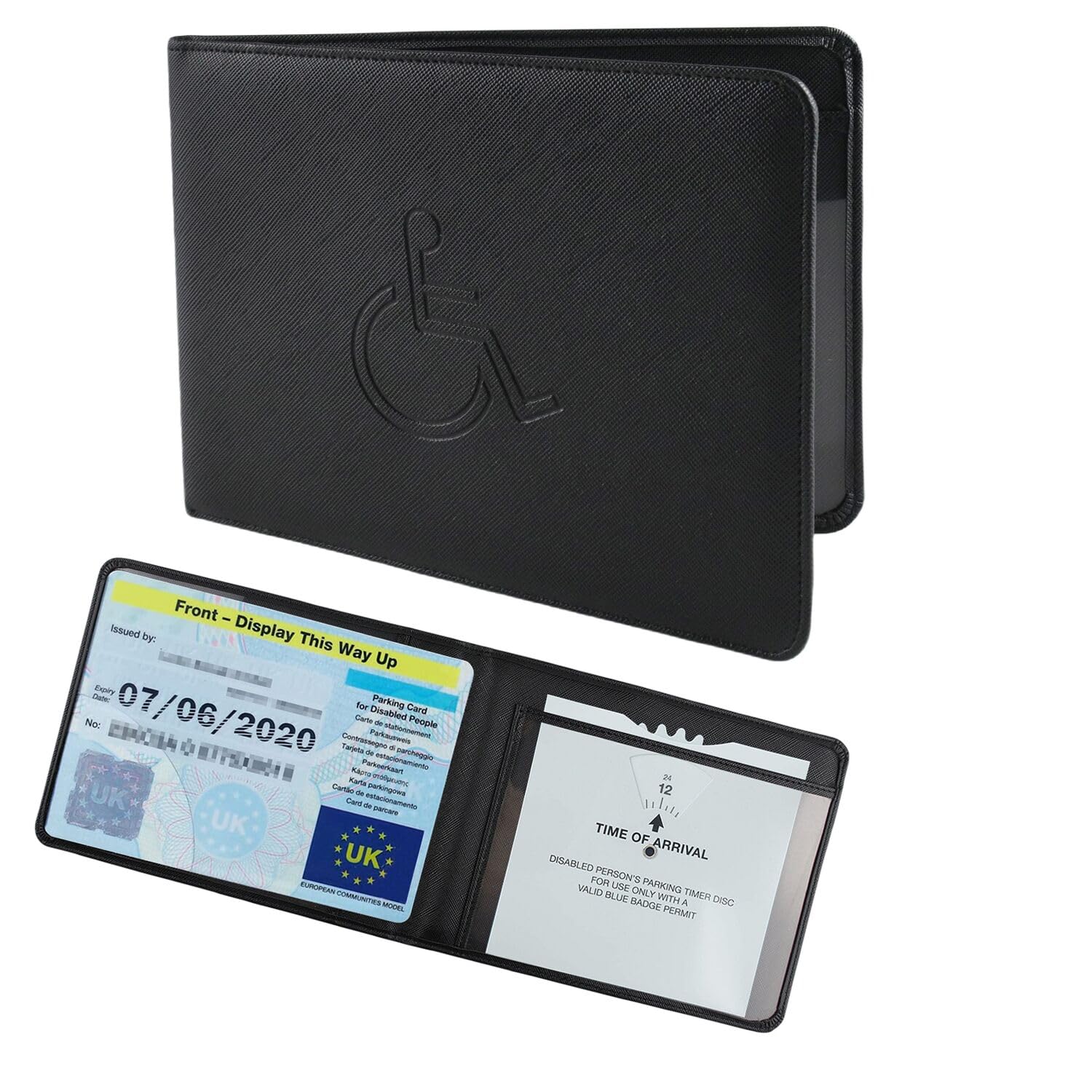 Disabled Badge and Timer Holder, PU Leather Blue Badge Wallet Protector Disabled Parking Permit Cover Hologram-Safe (Black Holder)