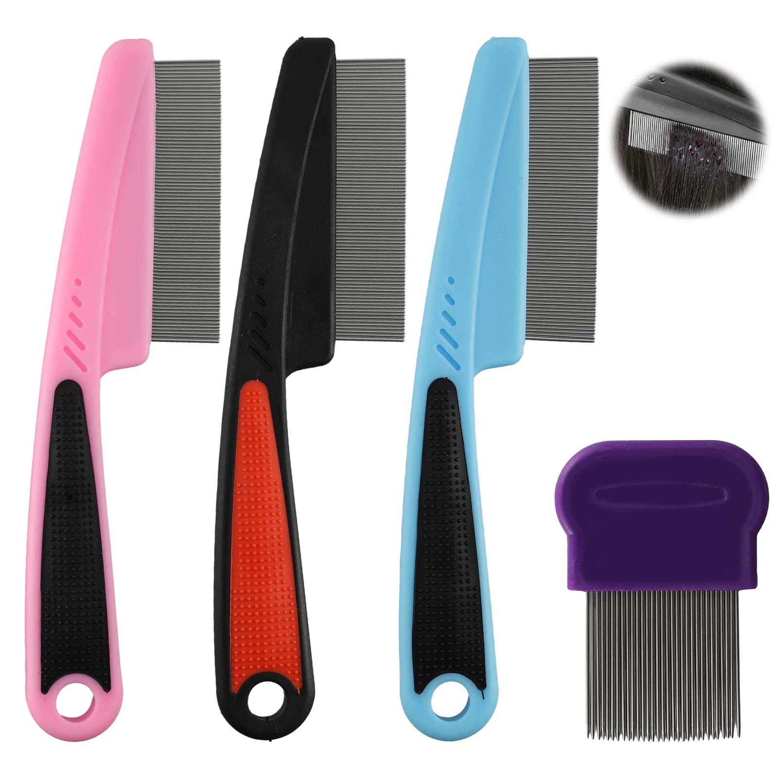 3 Pcs Dandruff Scalp Comb, Psoriasis Combs Removal for Women, Men, Children and Adults (Red Blue Pink) with 1 Dandruff Comb (Purple)