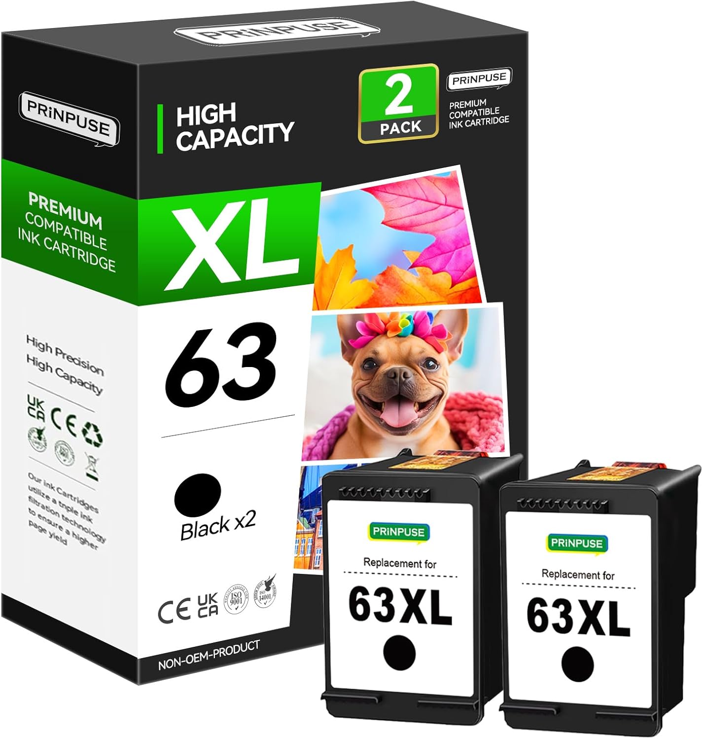 63XL Black Ink Cartridges for HP 63 63XL Black Ink Cartridge for OfficeJet 3830 5255 5258 Envy 4520 4512 4513 4516 4650 5255 DeskJet 1112 1110 3630 3632 2130 Printer,2 Pack