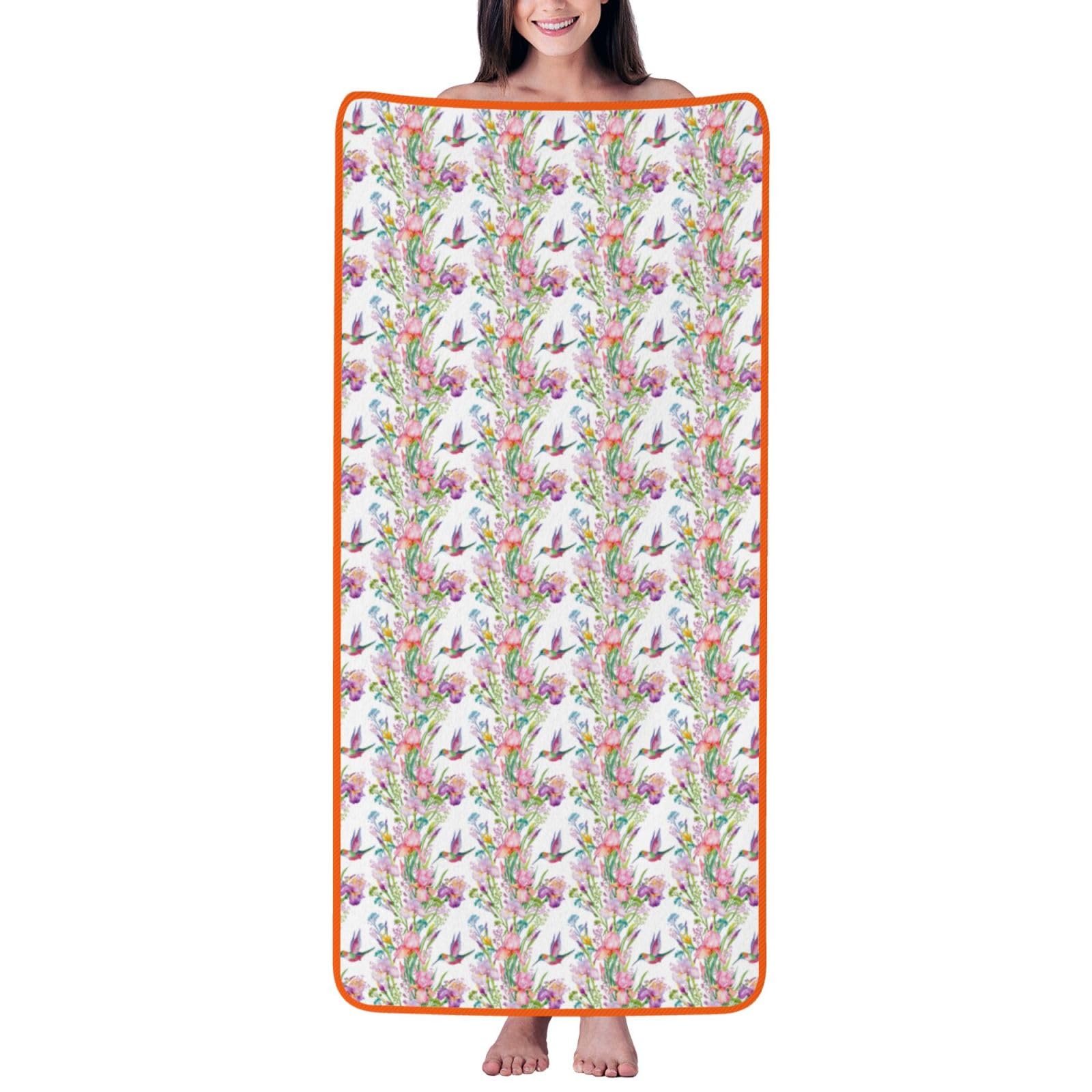 Ztpowqa Women's Orange Garden With Birds And Flowers Print Coral Velvet Bath Towel For Home Gym Lounging Bathroom Spa Hotel Beach Travel