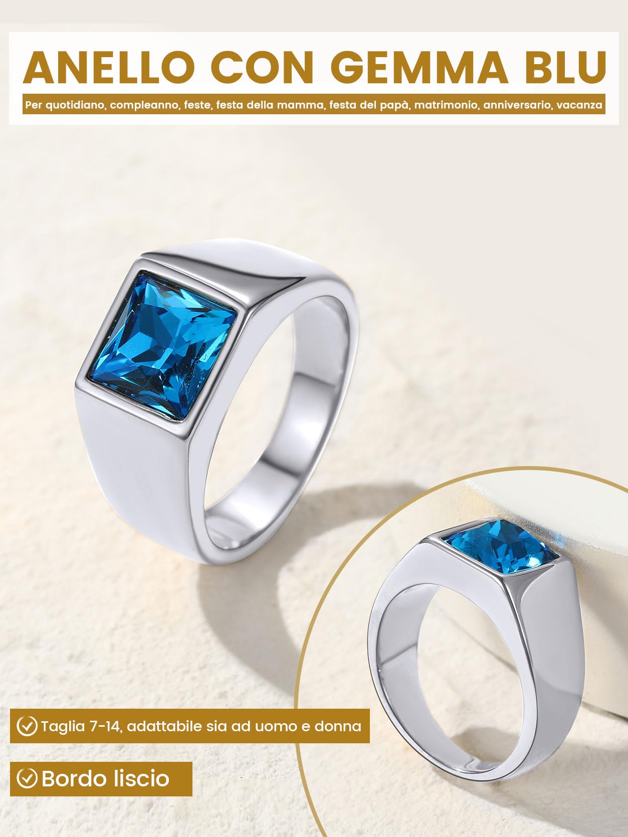 GoldChic JEWELRY Anello Pietra Zaffiro Ossidiana Alta Trasparenza Intarsio 3D Tagliato a Diamante Anello Uomo Acciaio Misura IT 14-32