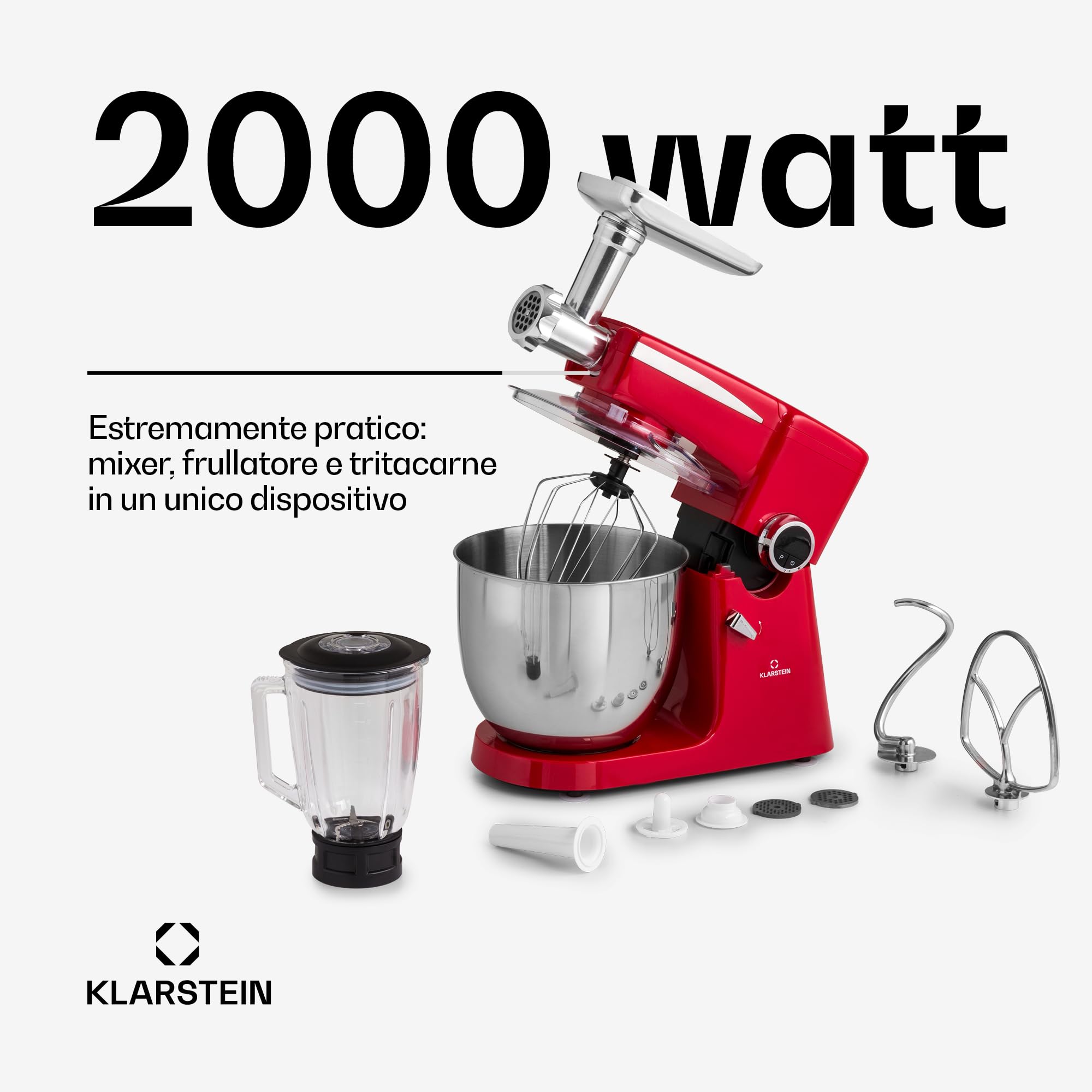Klarstein Robot da Cucina, Planetaria 2000W, Impastatrice Planetaria, Blender, Mixer Cucina 3 in 1, Robot da Cucina Multifunzione 10L, Impastatrice Planetaria Professionale, Impastatrice Pizza