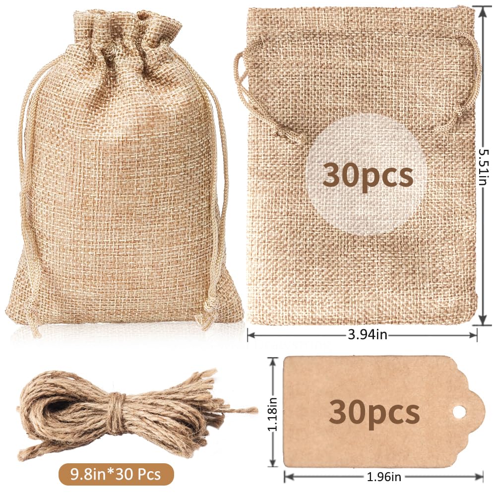 Woreczki z juty ze sznurkiem do ściągania, 30 sztuk, 10 x 14 cm, małe woreczki z juty, 30 kartek DIY, woreczki na prezent, torebki na biżuterię, kalendarz Ramadan, dekoracja bożonarodzeniowa